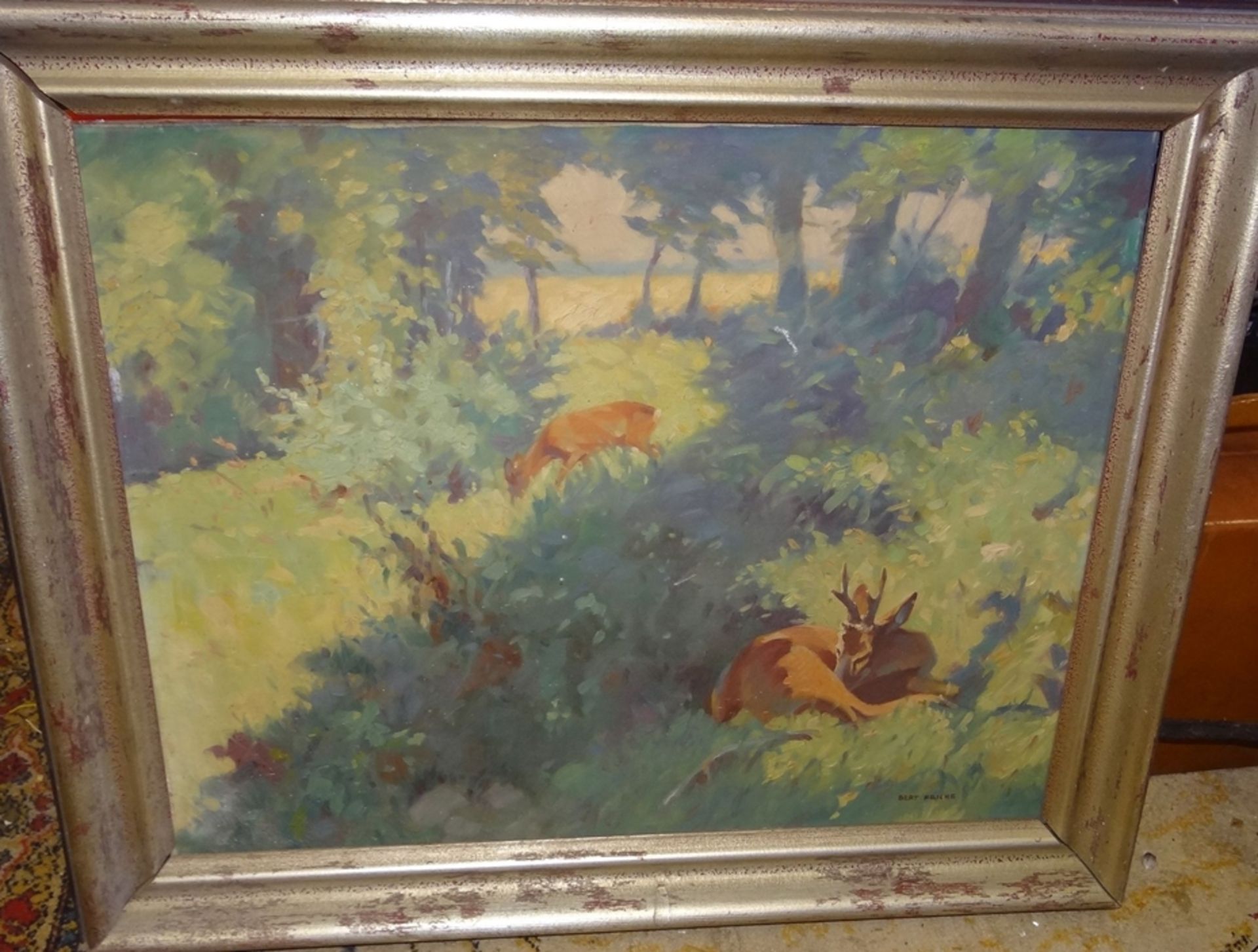 Bert Fricke "Rehe", Öl/Leinen, defekt und alt gerahmt, RG 70x84 cm - Bild 2 aus 7