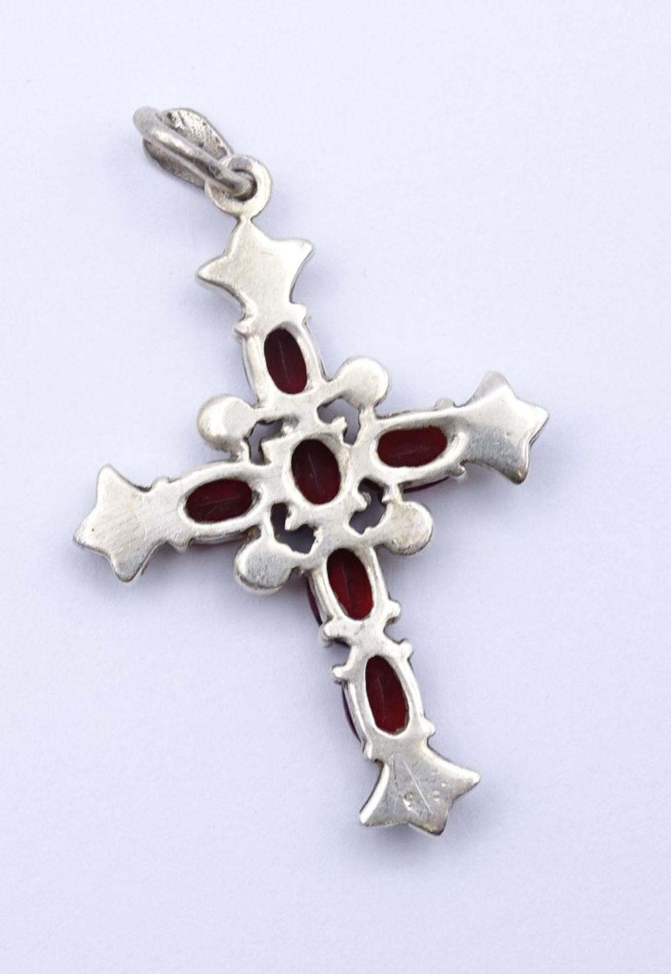 Kreuz Anhänger mit oval facc. Granate und Markasiten,Sterling Silber 0.925, L- 4,3cm, 4,6g. - Bild 3 aus 3