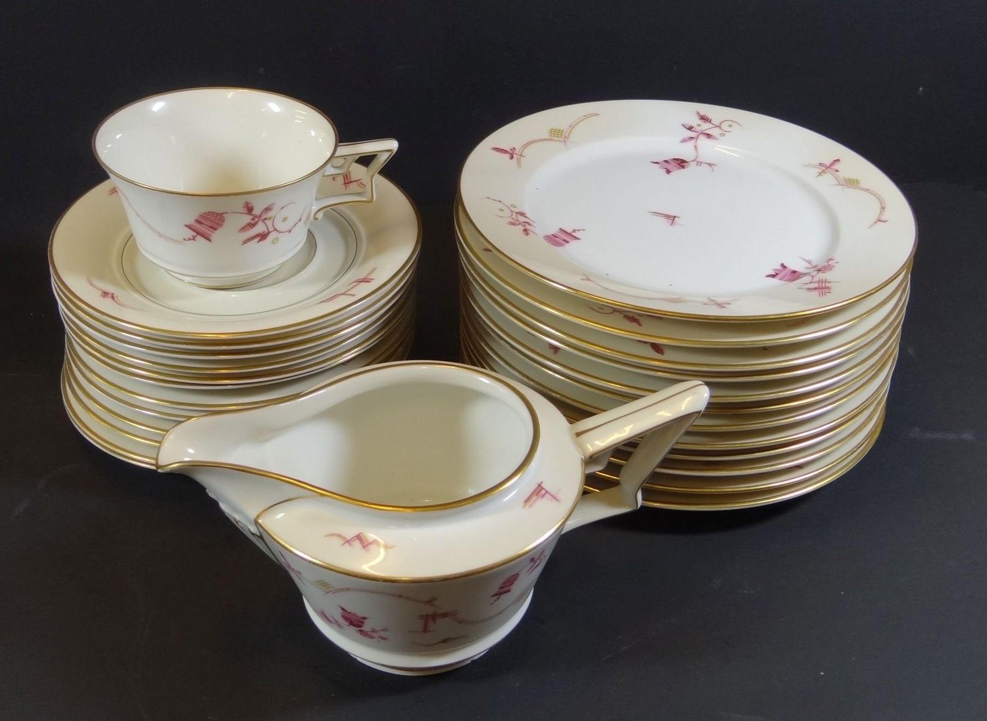 26 Teile Rosenthal Art Deco Geschirr, Form 520, Dekor Tirana, 12x Kuchenteller, 12x U.T., 1x Sahnek