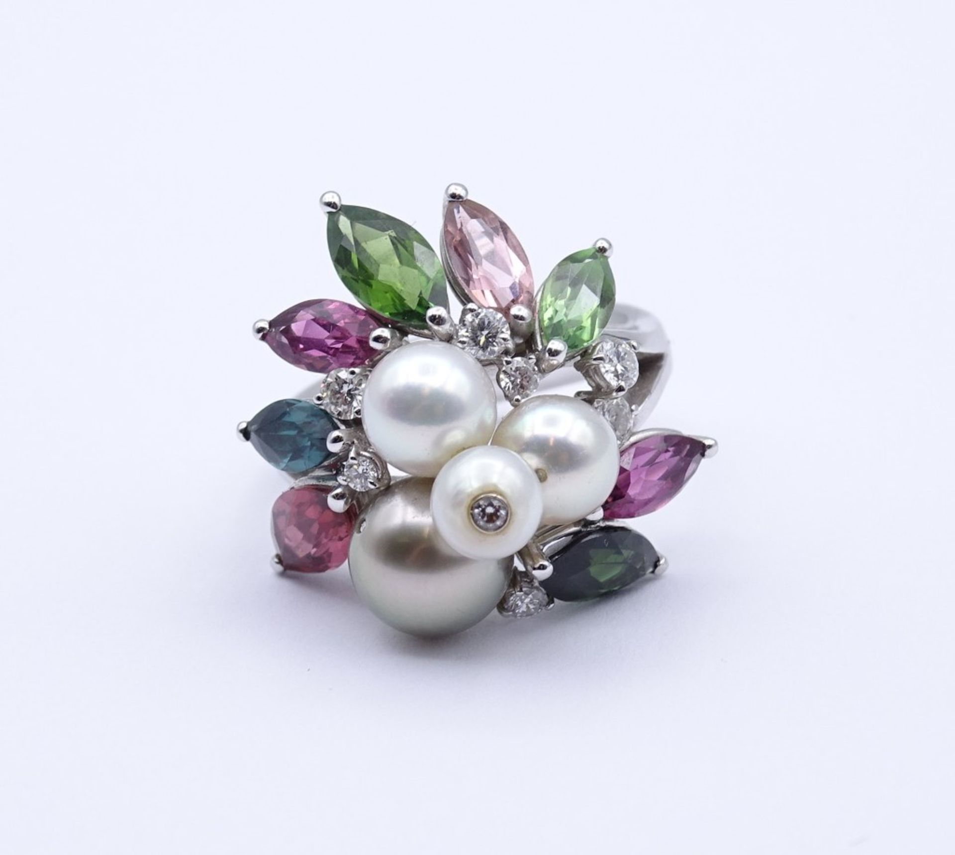 Prachtvoller Edelstein Ring WG 0.750 mit Brillanten,Perlen und Multicolor Edelsteinen, 16,10 g., RG