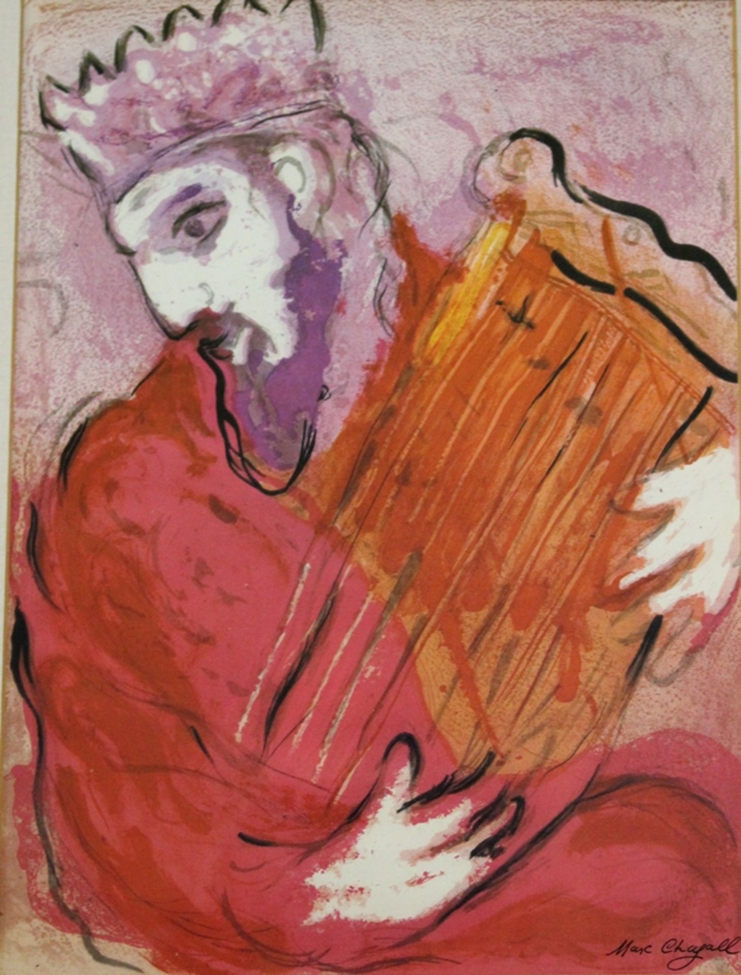 Offset-Druck, Marc CHAGALL (1887-1985), David mit der Harfe, ger./Glas, RG 53 x 43cm
