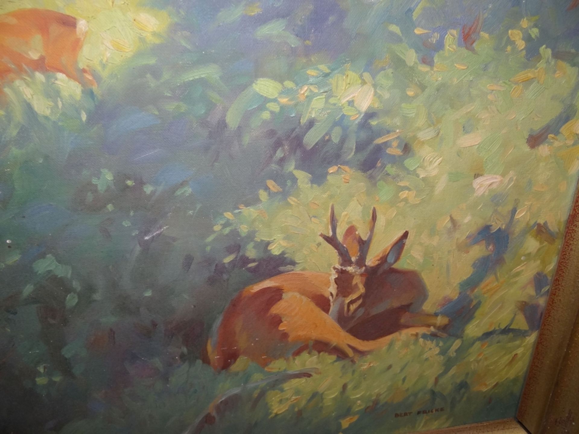 Bert Fricke "Rehe", Öl/Leinen, defekt und alt gerahmt, RG 70x84 cm - Bild 3 aus 7