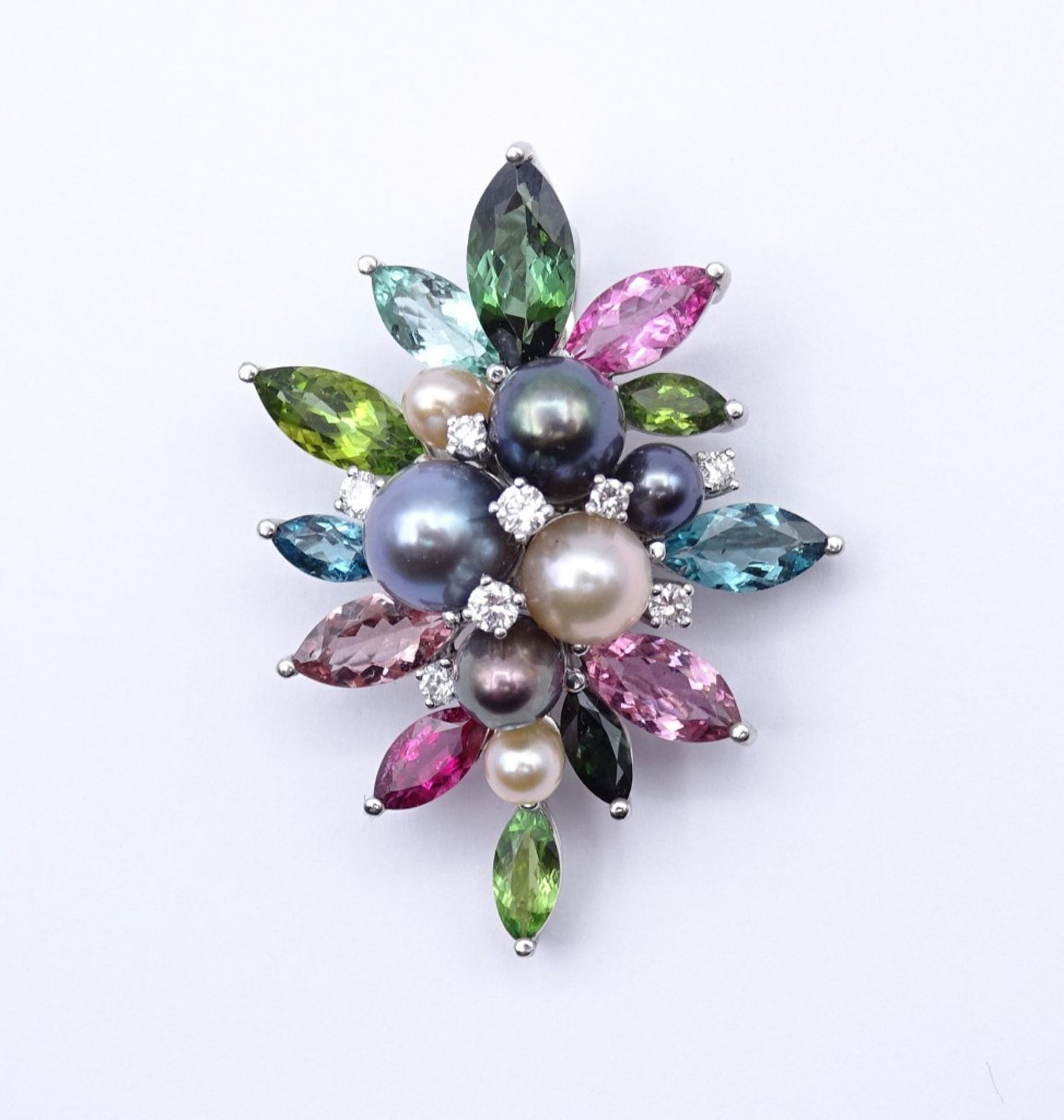 Prachtvoller Edelstein Anhänger WG 0.750 mit Brillanten,Perlen und Multicolor Edelsteinen,4,5x3,5cm