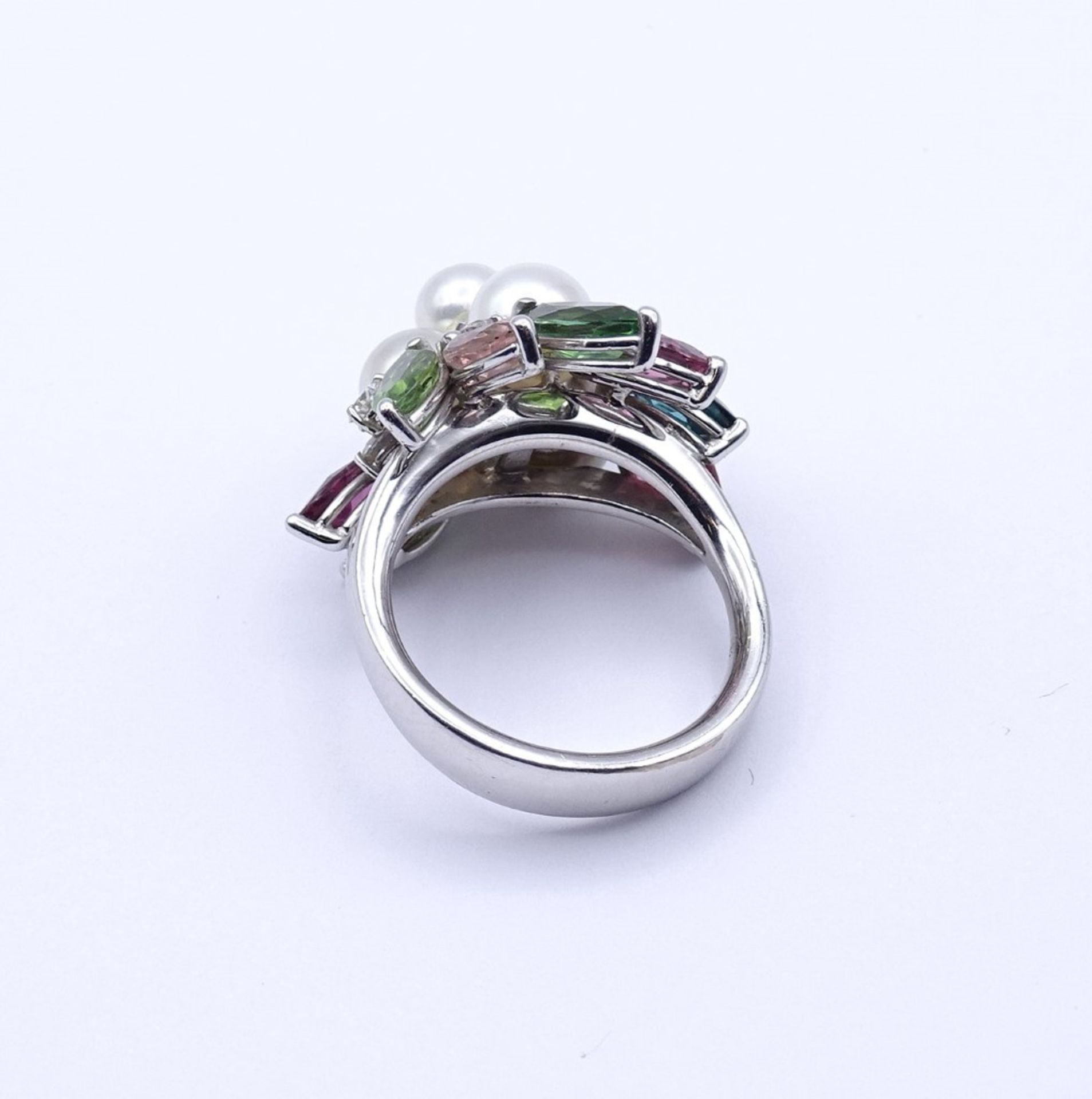 Prachtvoller Edelstein Ring WG 0.750 mit Brillanten,Perlen und Multicolor Edelsteinen, 16,10 g., RG - Bild 5 aus 7