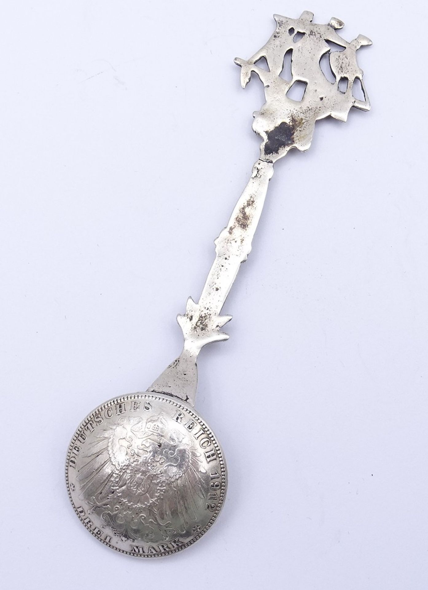 Münzlöffel mnit Koggegriff,Silber 0.800, Drei Mark 1912 Hamburg,L- 12cm, 27g. - Bild 4 aus 4