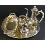 5 tg. Kaffeeset, Silber-800-, alle Teile mit Ziermonogram J.v.G, ovales Tablett  41x31 cm, Kanne H-