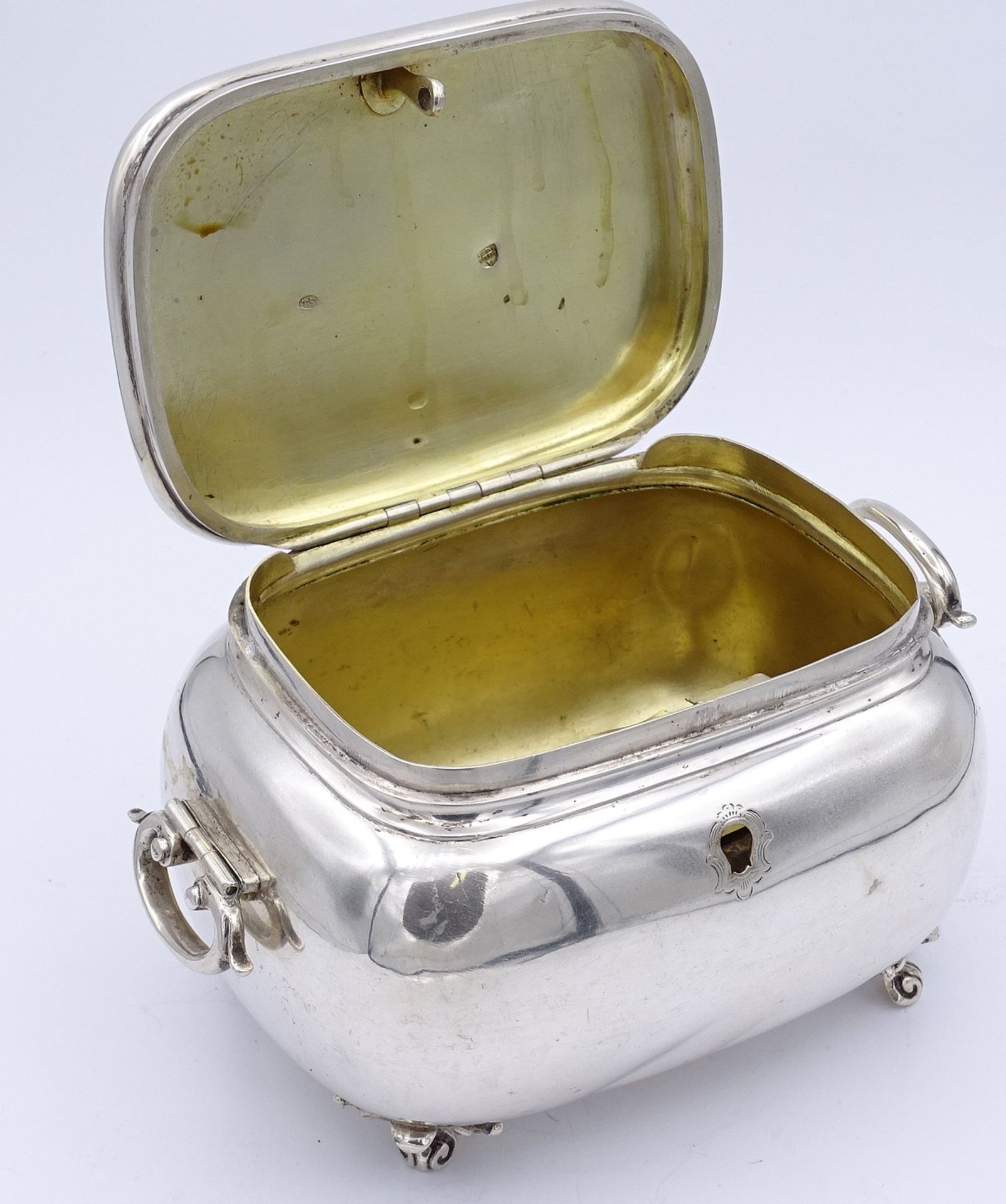 Große Zuckerdose Wien 1863, Silber, Innen vergoldet, Schlüssel nicht anbei, 380g., H- 10cm, 14 x 9, - Bild 7 aus 9