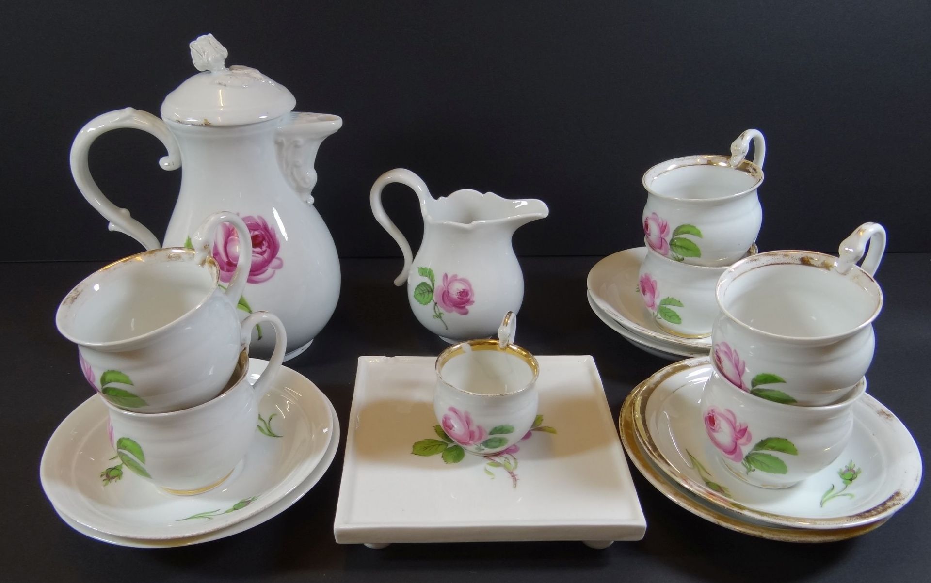 Kaffeeservice "Meissen" rote Rose, Kanne, Milch,  und 6 Tassen mit U.T., 1.Wahl, 1 Tasse geklebt, a