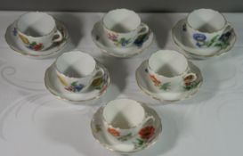 6x Mokkatassen mit U.T., Meißen, Schwertermarke, Blumenbemalung, je 2 Schleifstriche, Tassen H-5cm.