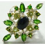 925er-Silberring mit dunklem Opal, Chrom Diopsid und Peridot, RG 54, 8 gr., Kopf: 3,2 x 2 cm