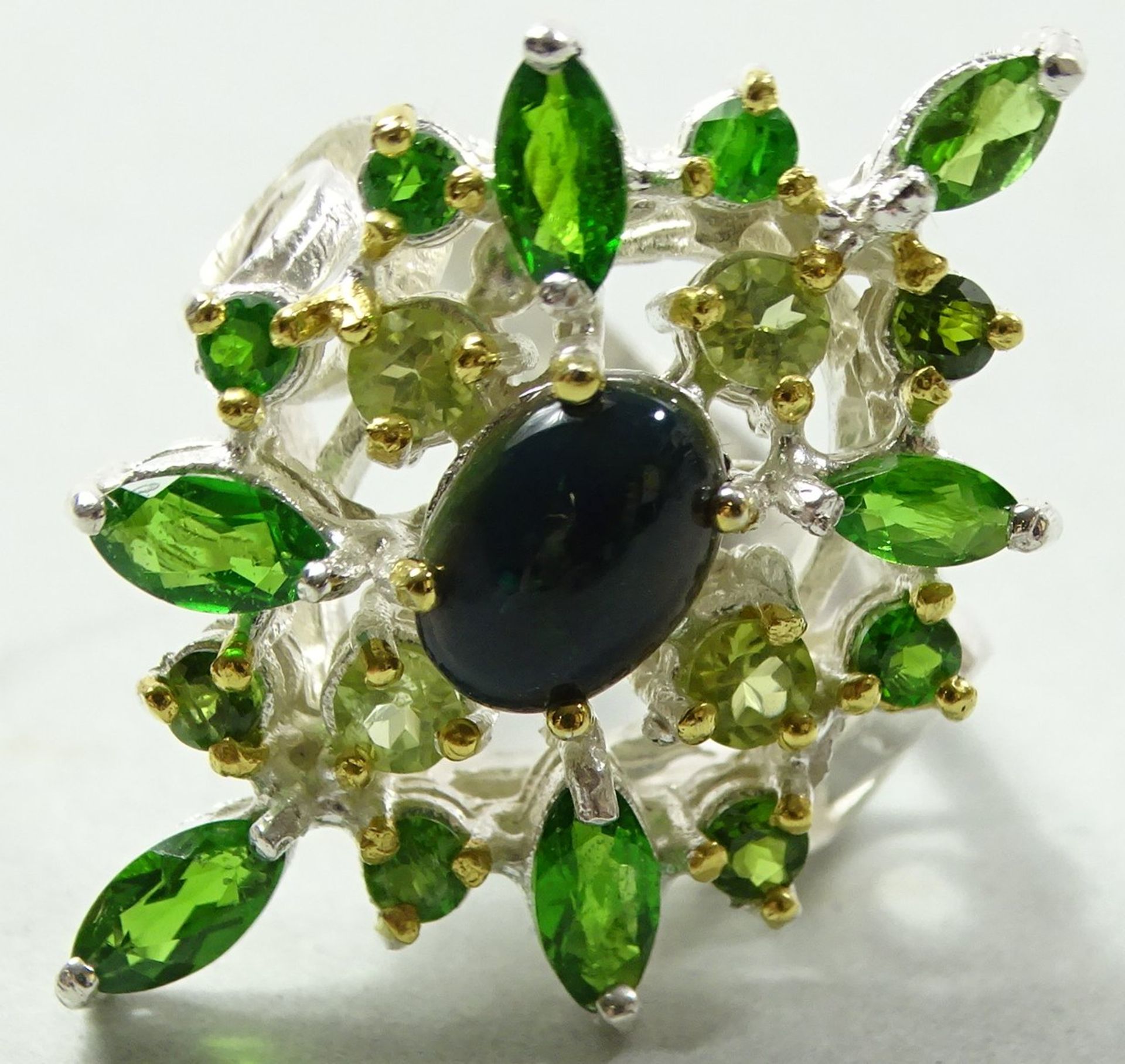 925er-Silberring mit dunklem Opal, Chrom Diopsid und Peridot, RG 54, 8 gr., Kopf: 3,2 x 2 cm