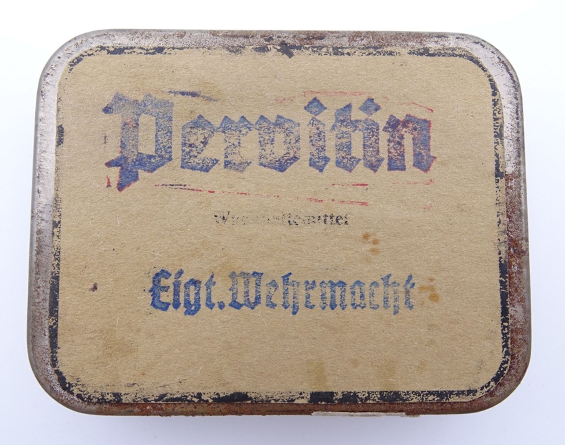 Dose mit Röhrchen für eine Dosis Pervitin, 2 WK, Dose: 5,5 x 7,3 x 2,5 cm, Röhrchen ist leer! Mit A