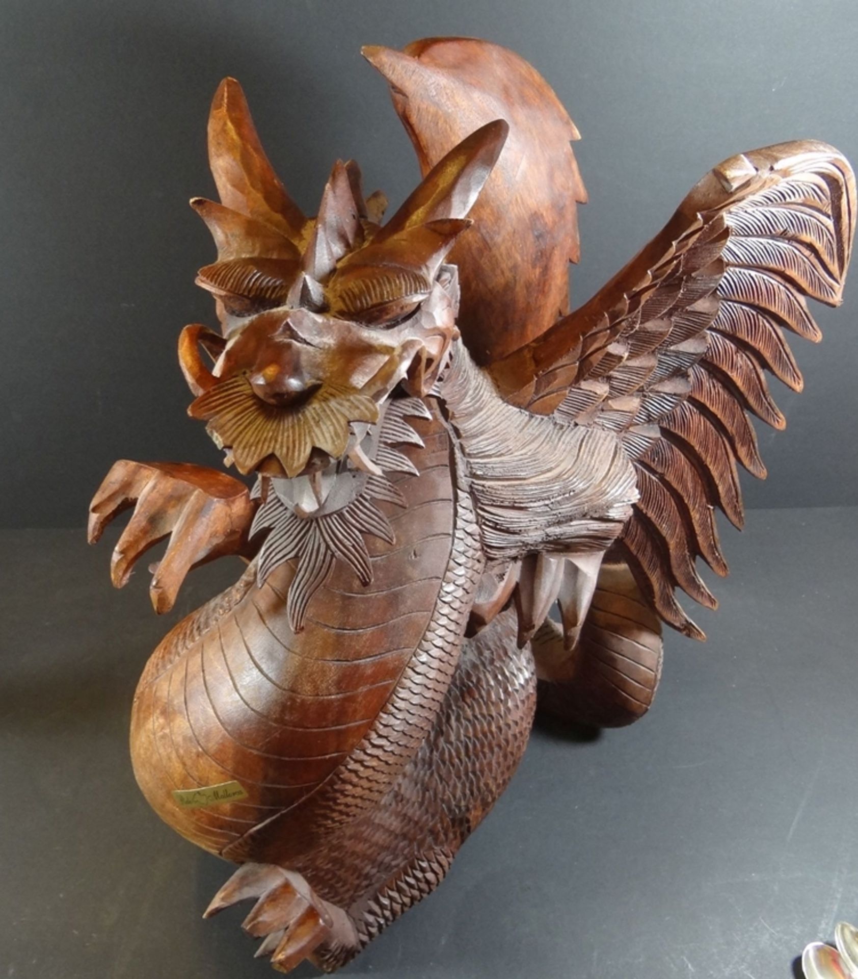 gr. Holzschnitzerei, Drache, H-43 cm - Bild 3 aus 7