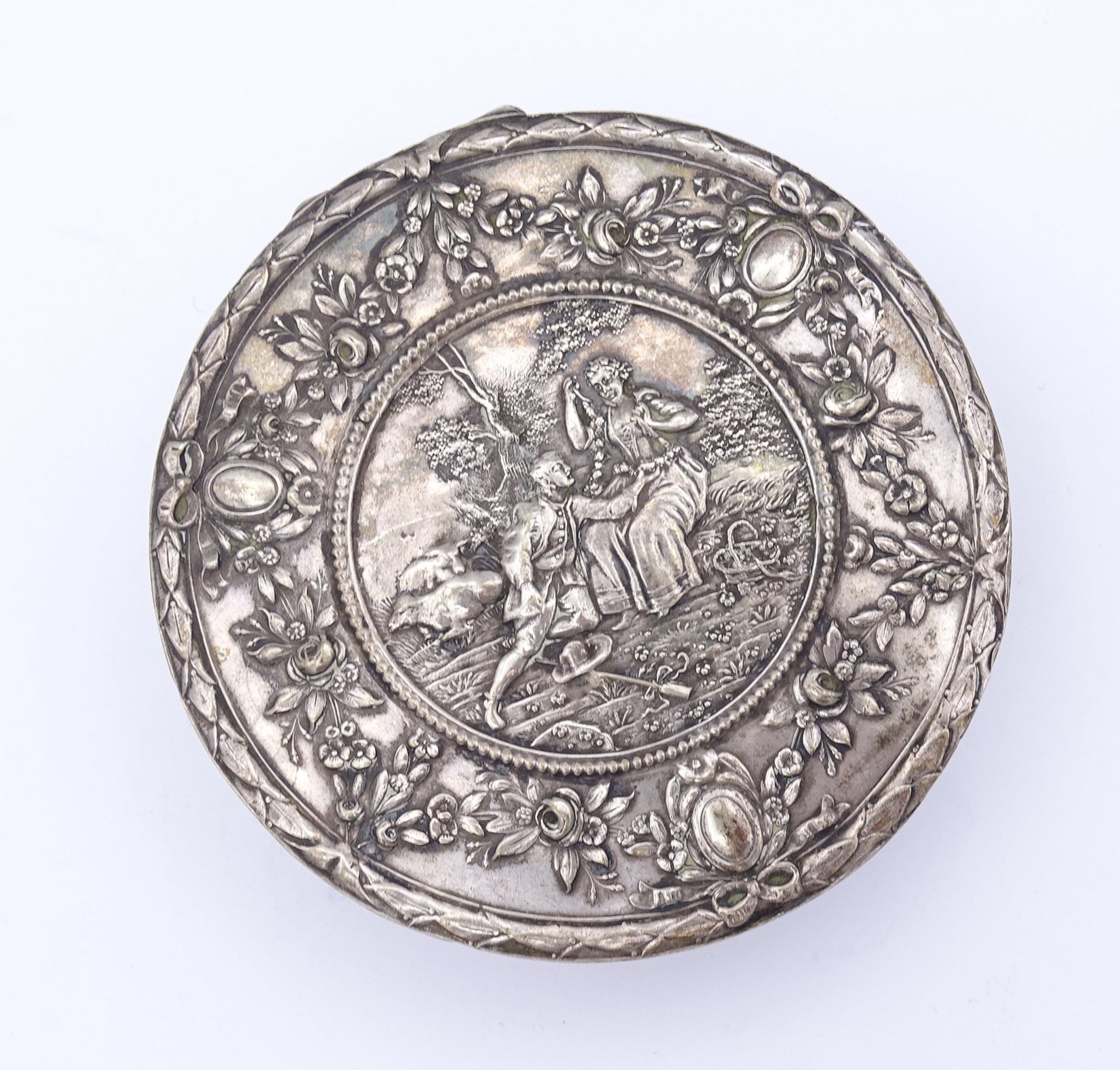 Alte Deckeldose mit Krone und Initialen, Silber 0.800, Innen vergoldet, D. 10cm, H. 3,0cm, 147g., - Bild 2 aus 11