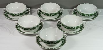 6x Suppentassen mit U.T., Meißen Schwertermarke, Weinlaub, je mit 2 Schleifstrichen, ca. H-5,5cm D-