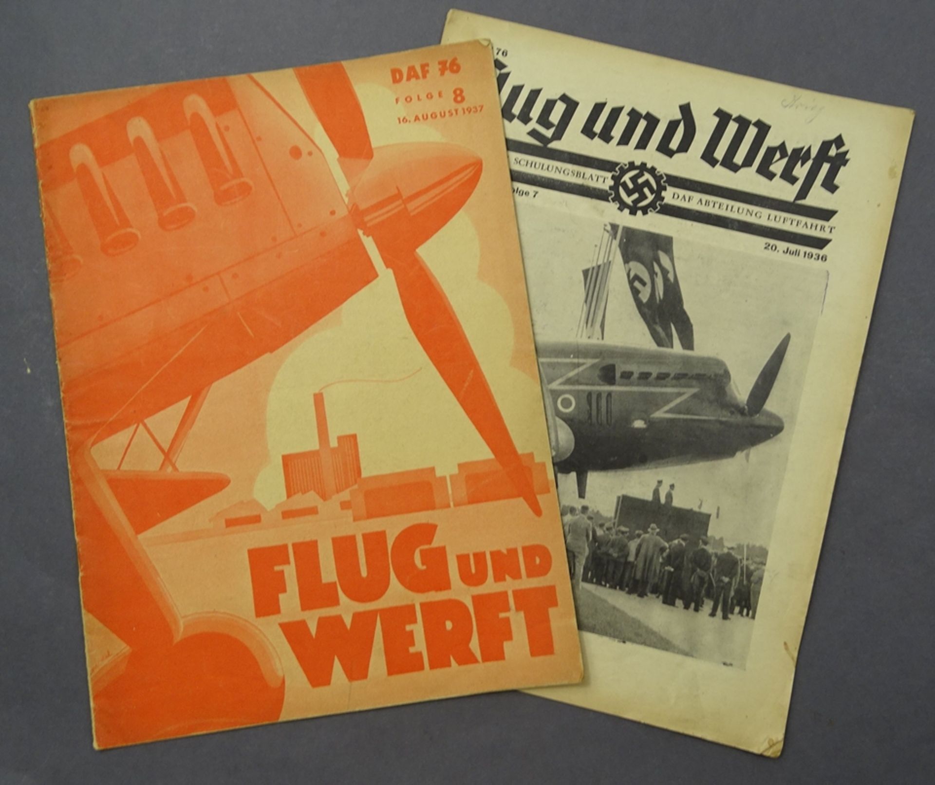 2 Ausgaben Flug und Werft 1936 und 1937, unbeschädigt, mit Altersspuren