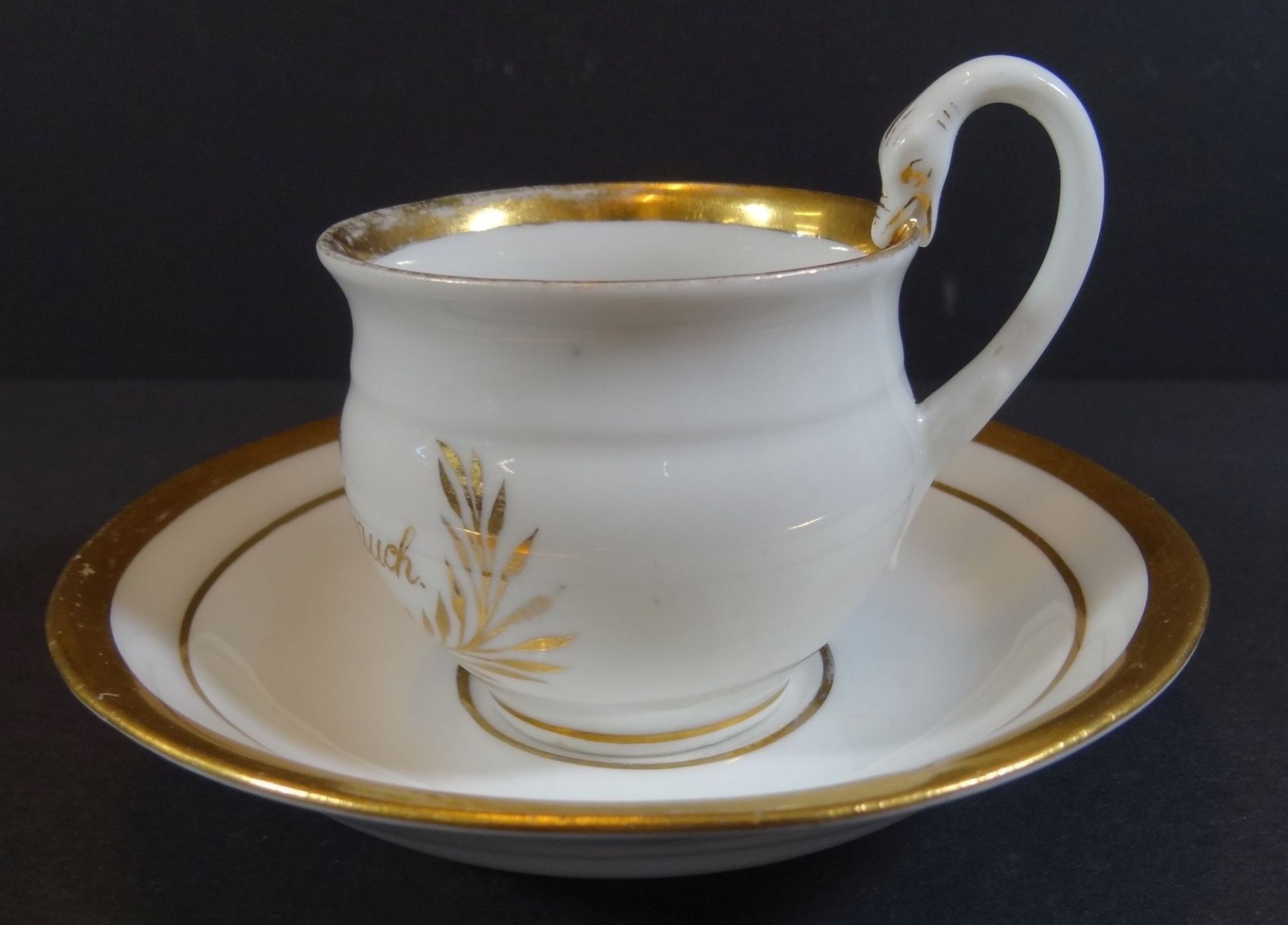 Kaffeetasse mit U.T. "Meissen" um 1860, beschriftet "Zum langen Gebrauch, Golddekor etwas berieben, - Bild 3 aus 7