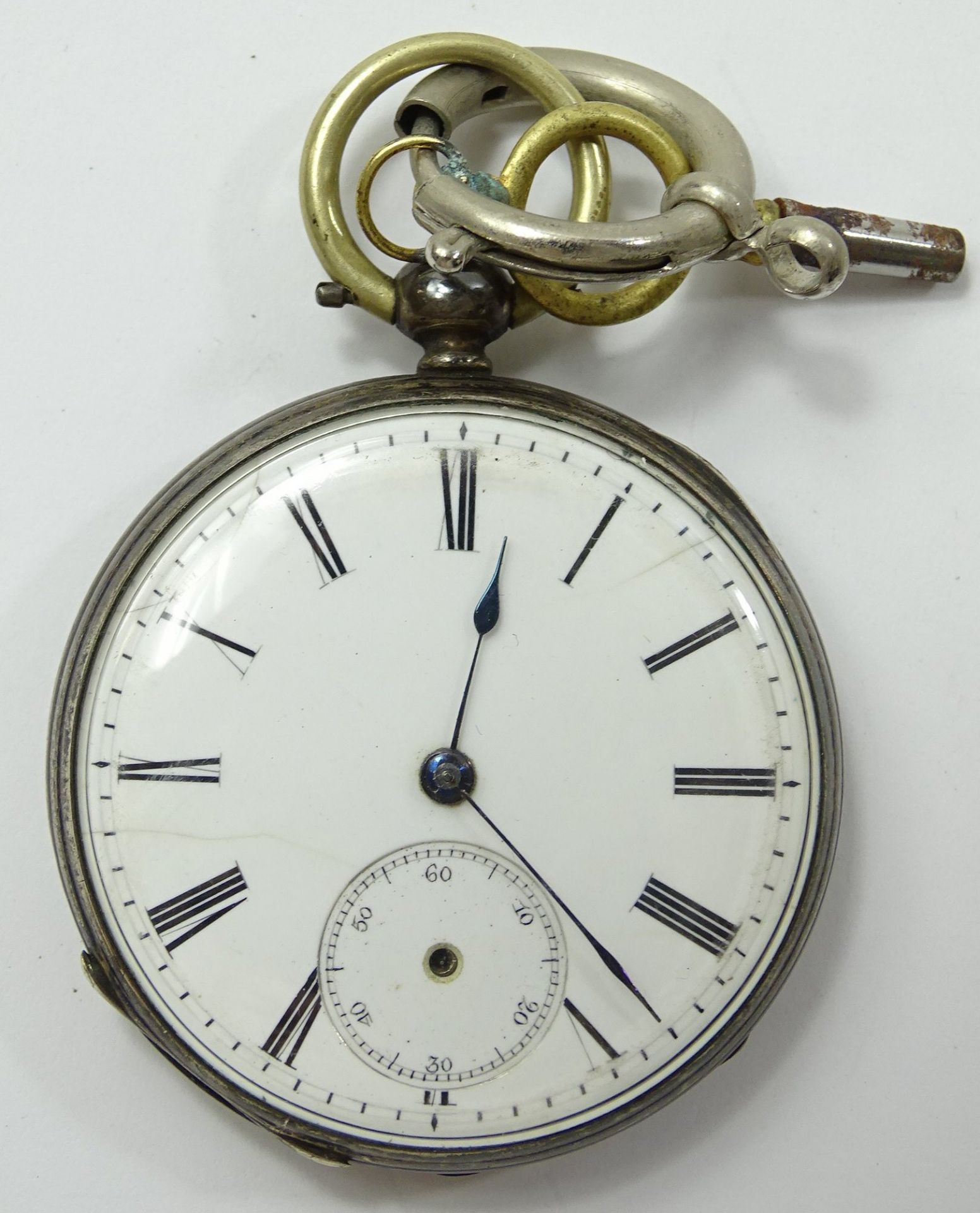 Alte Taschenuhr mit 800er-Silbergehäuse, Ø 4,5 cm, Schlüsselaufzug, Schlüssel anbei, Werk steht, Se