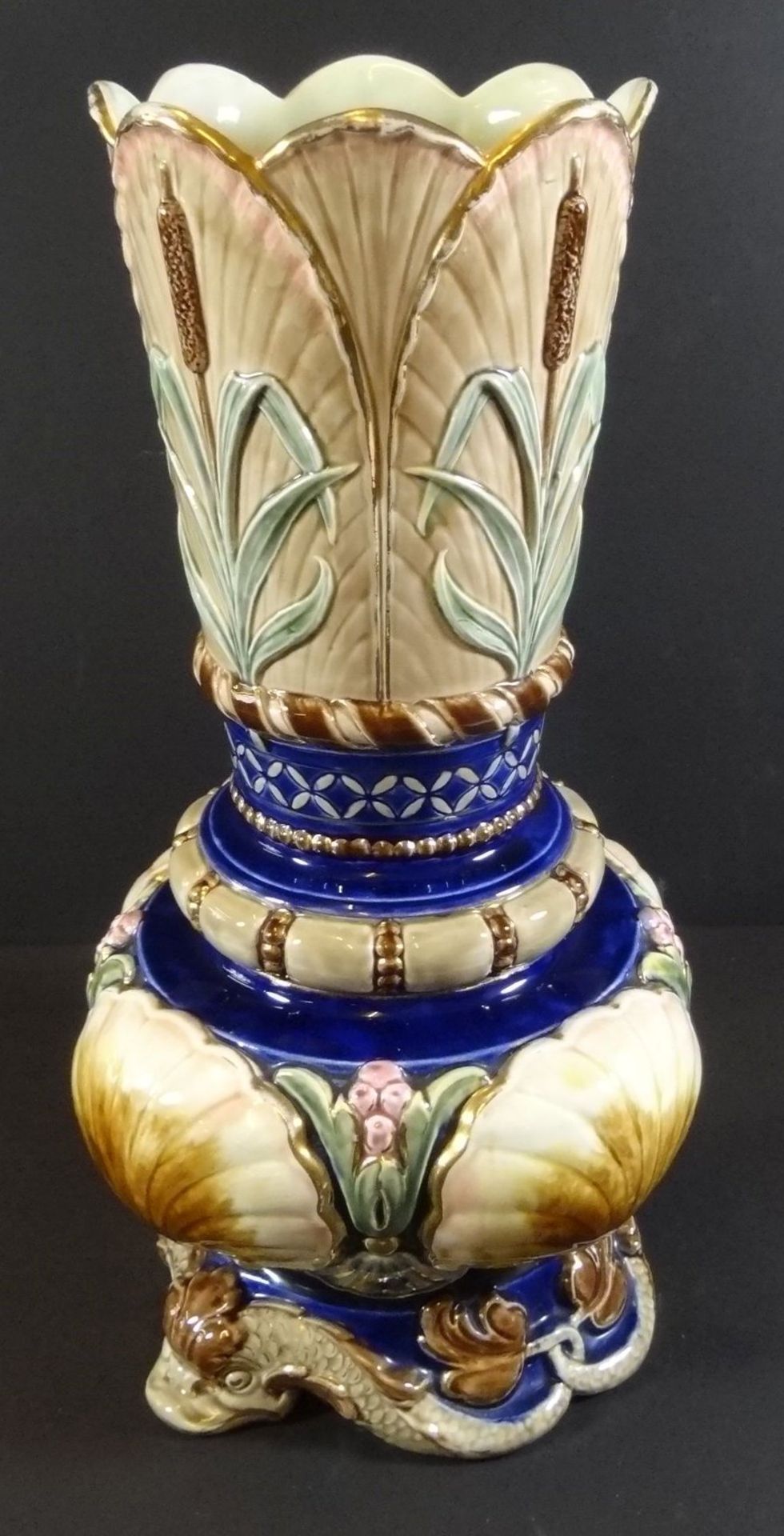 gr. Majolika Jugendstil-Vase mit Klebestelle, H-36 cm, Pressmarke - Bild 2 aus 9