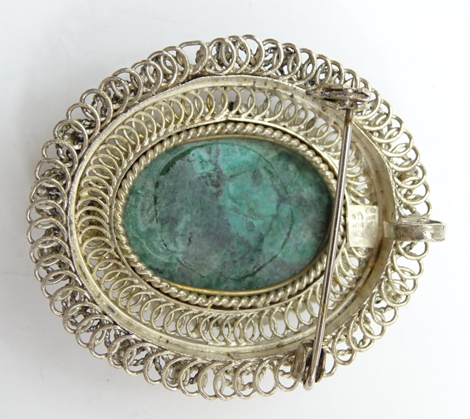 Sterlingsilberanhänger/-brosche mit türkisem Cabochon und kl. Perlchen, gest. Israel, 4,7 x 4 cm, 2 - Bild 4 aus 5