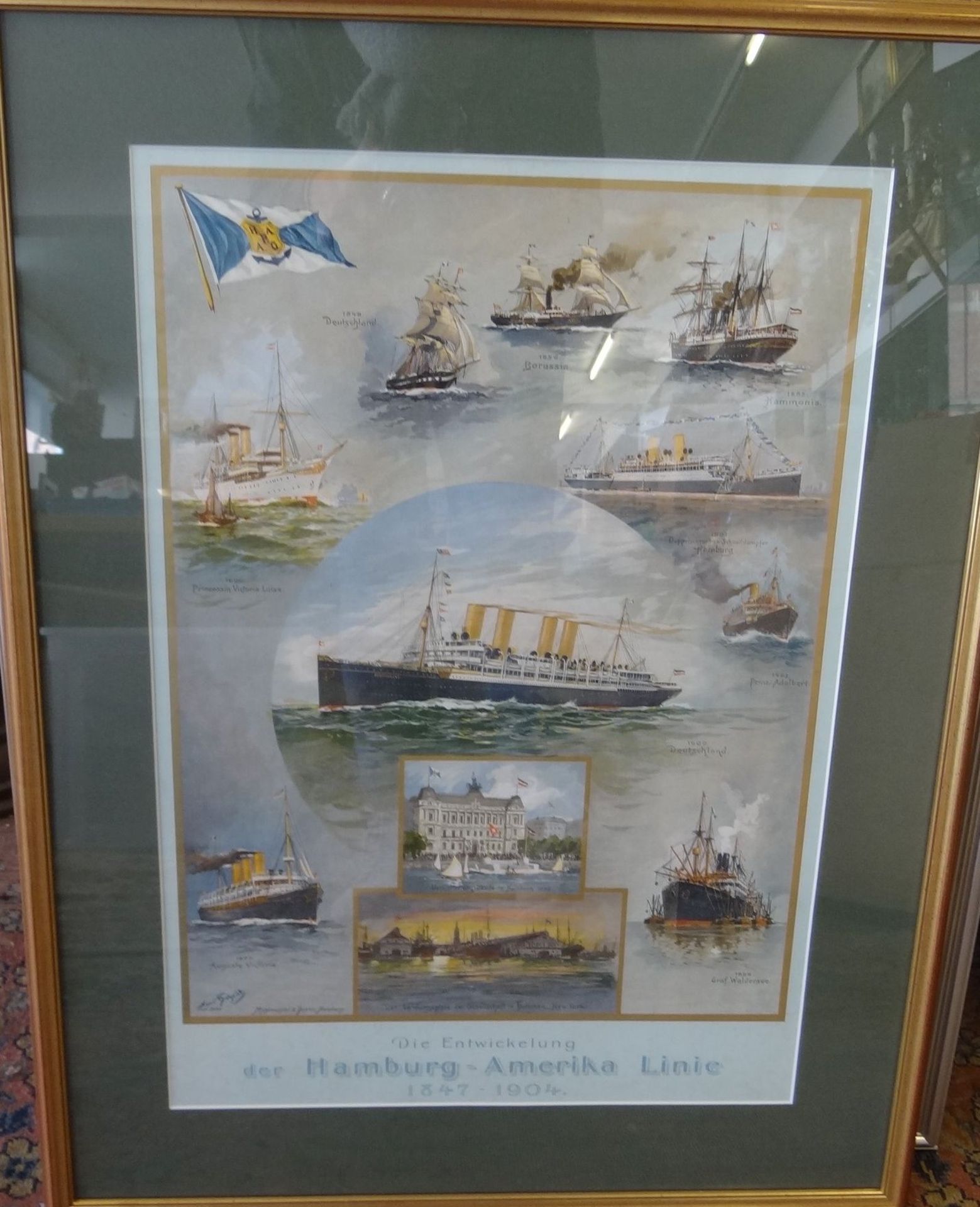 original Plakat der Hamburg-Amerika-Linie, von Hans Bohrdt, gut ger/Glas, RG 76x57 cm