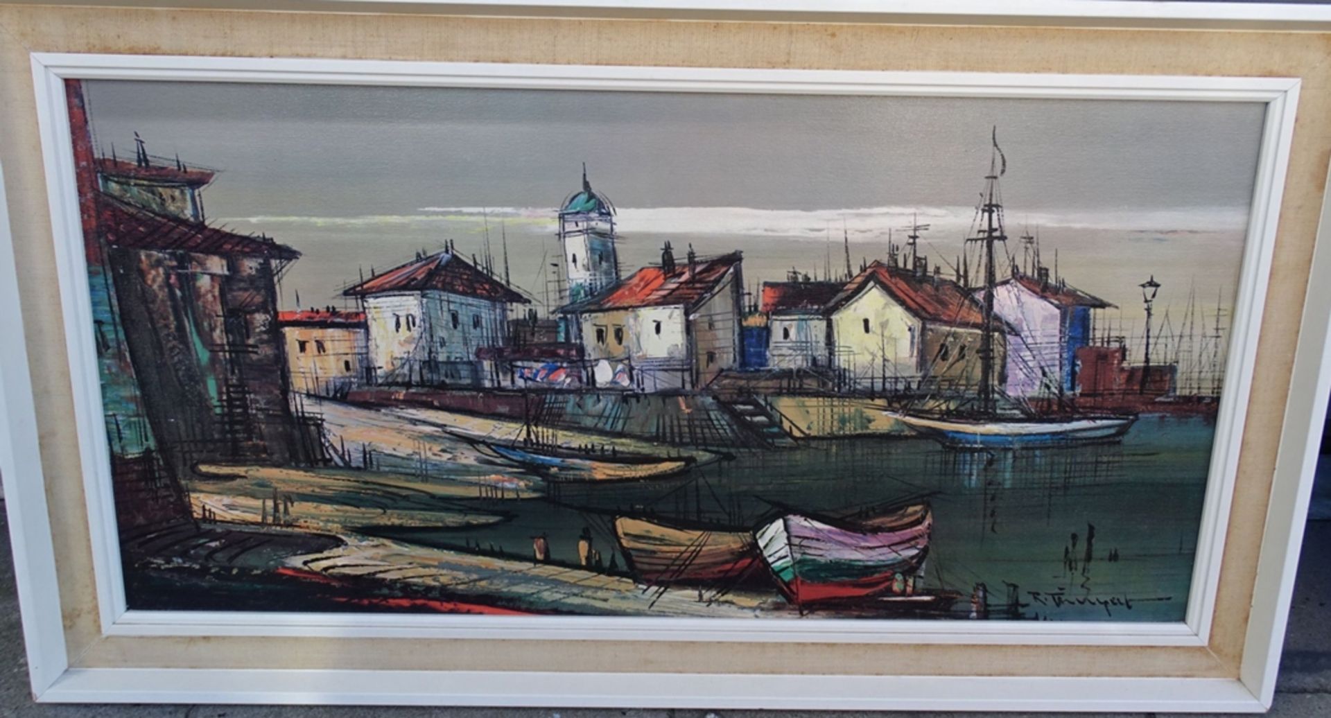 Kunstdruck "südlicher Hafen", alt gerahmt, RG 50x91 cm