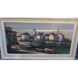 Kunstdruck "südlicher Hafen", alt gerahmt, RG 50x91 cm