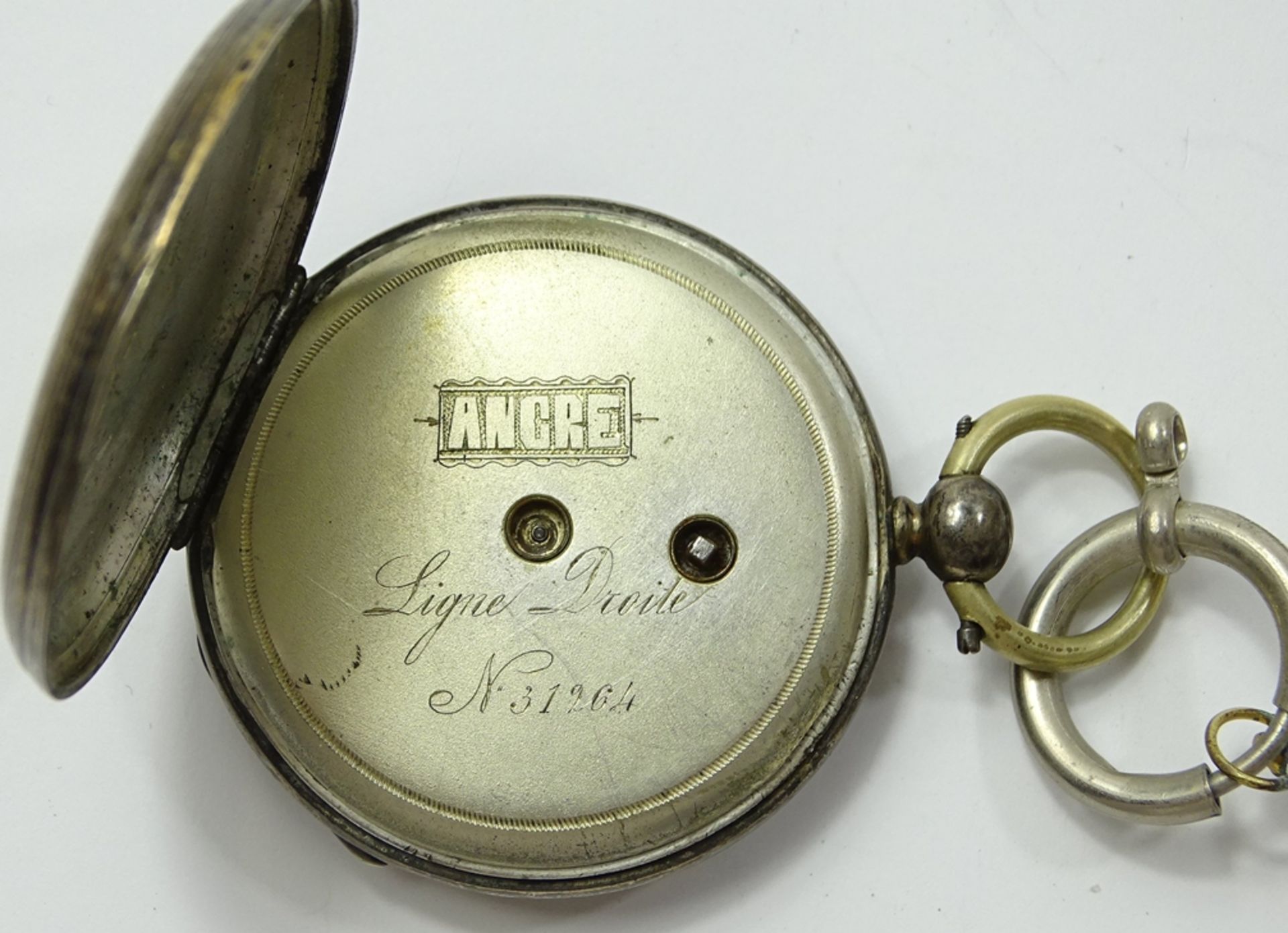 Alte Taschenuhr mit 800er-Silbergehäuse, Ø 4,5 cm, Schlüsselaufzug, Schlüssel anbei, Werk steht, Se - Bild 3 aus 5
