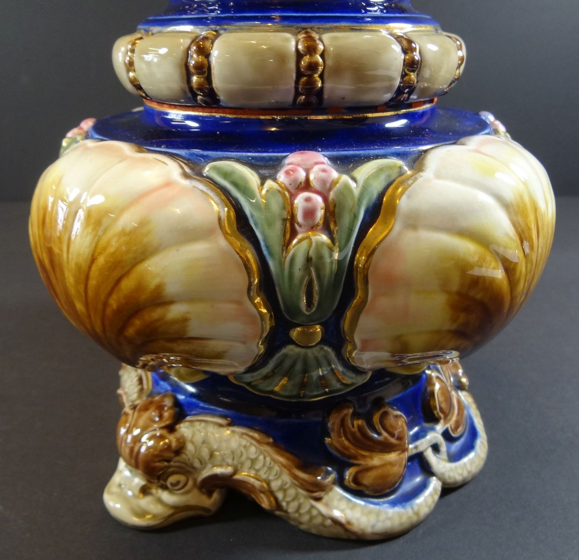 gr. Majolika Jugendstil-Vase mit Klebestelle, H-36 cm, Pressmarke - Bild 5 aus 9