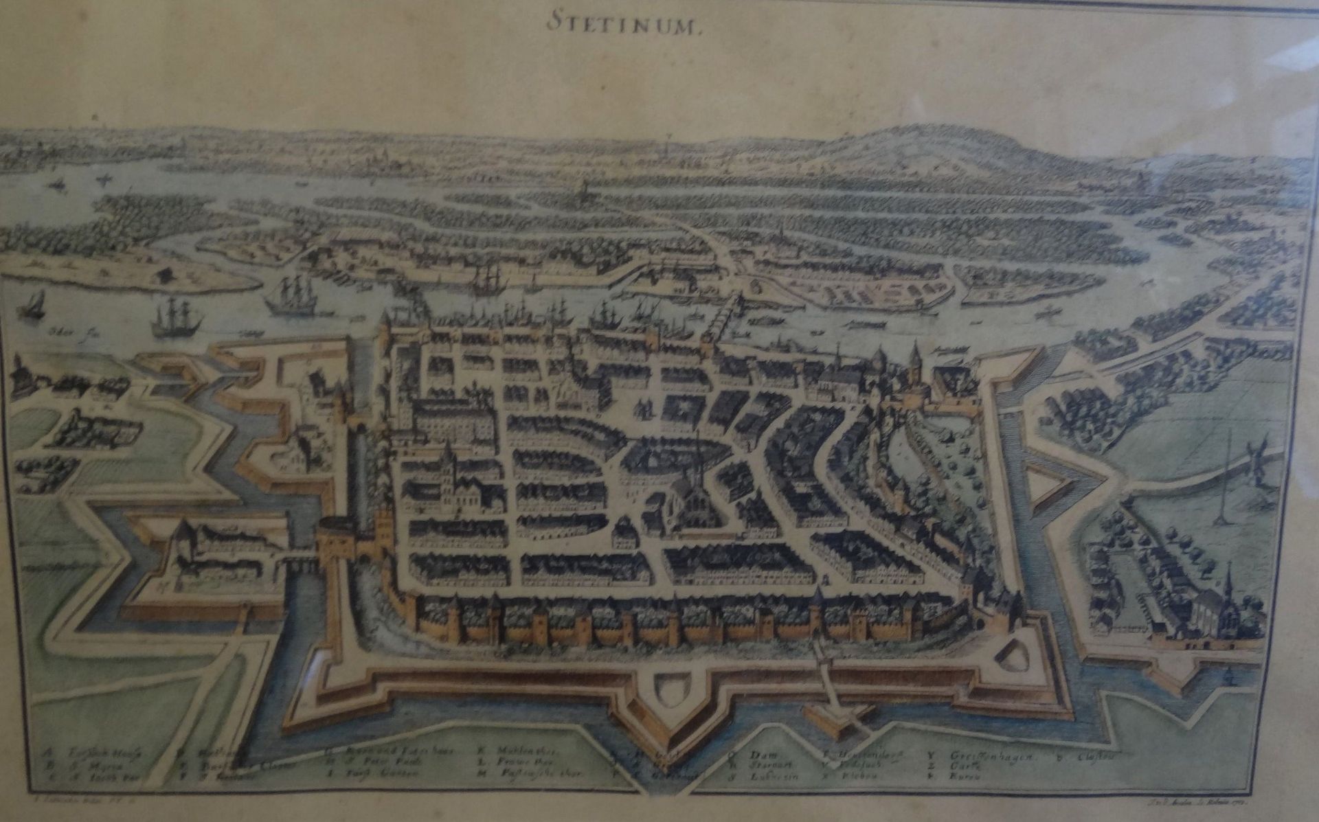 grosser Stadtplan von "Stettinum" von 1705, coloriert, ger/Glas, RG 61x85 cm