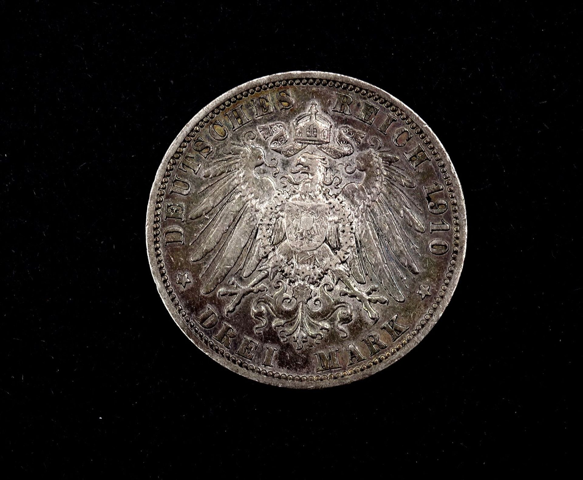 Drei Mark 1910 Deutsches Reich Wilhelm II Deutscher Kaiser König v. Preussen A, D. 33mm, 16,59g.