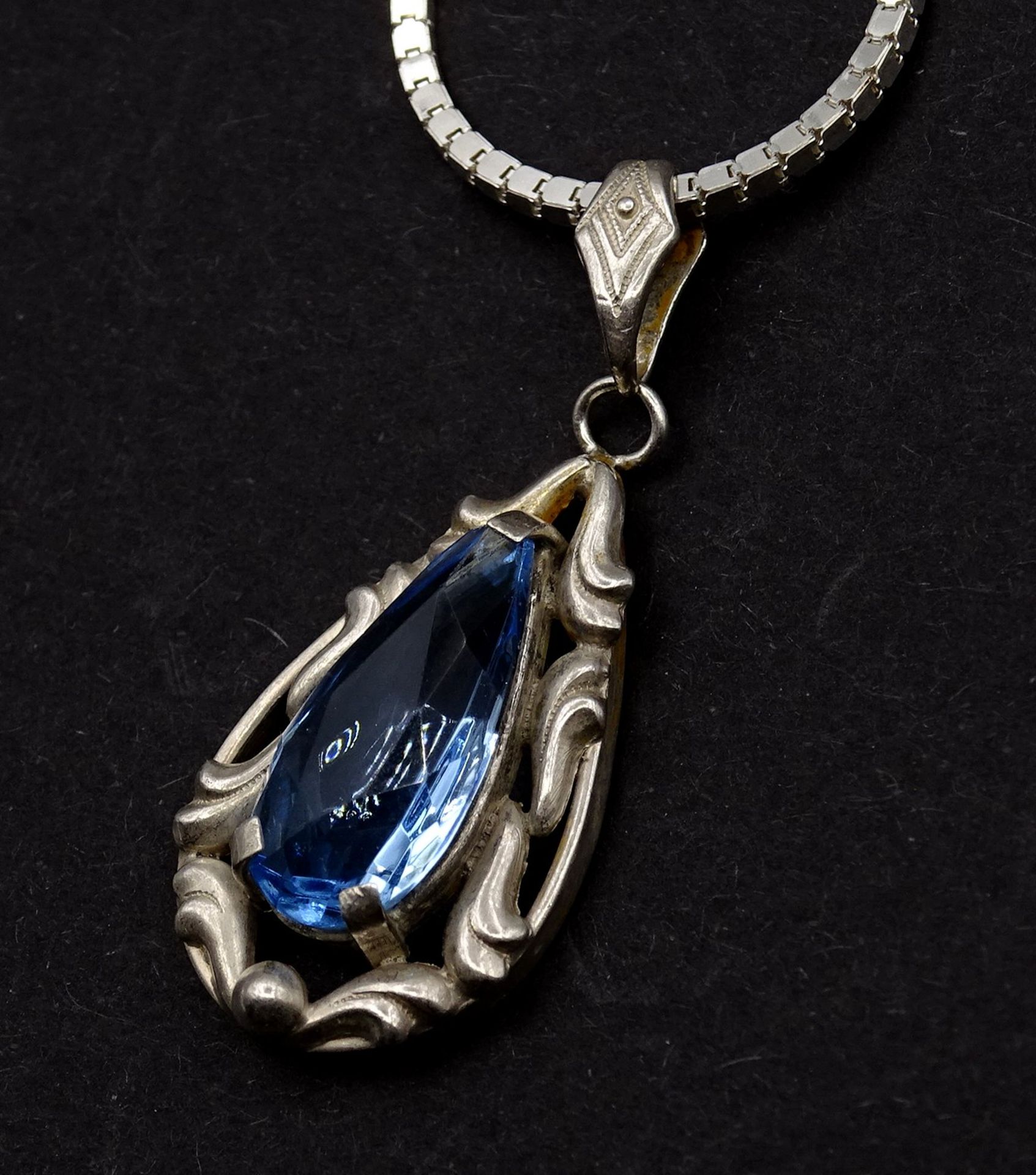 Halskette mit einen blauen Edelstein Anhänger, Sterling Silber 0.925 L. 48cm, 7,9g. - Bild 7 aus 7