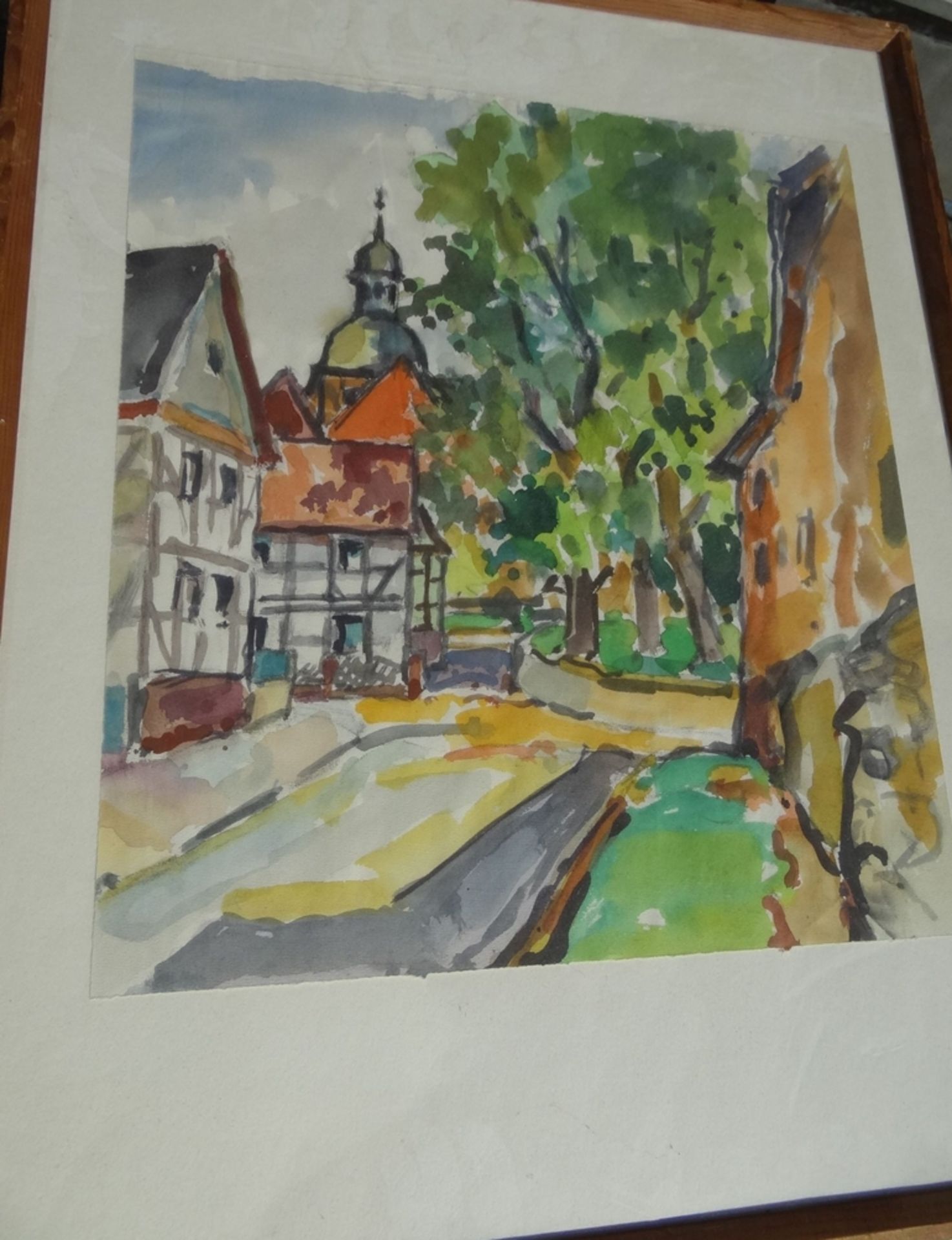 anonyme Dorfstrasse, Aquarell, ger/Glas, RG 67x52 cm