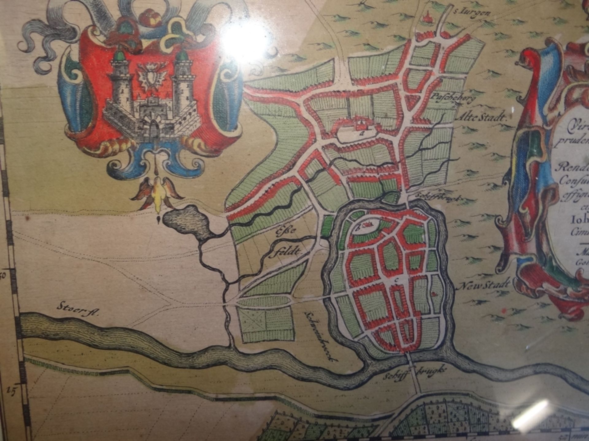 Matthias & Nicolas PETERS (XVII) "Itzehoe" 1651, colorierter Stadtplan, ger/Glas, RG 42x49 cm - Bild 4 aus 5