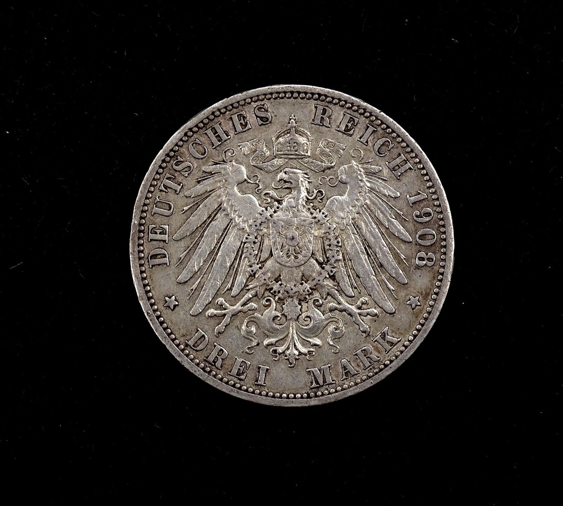 Drei Mark 1908 Deutsches Reich Wilhelm II Deutscher Kaiser König v. Preussen A, D. 33mm, 16,58g. - Bild 2 aus 2
