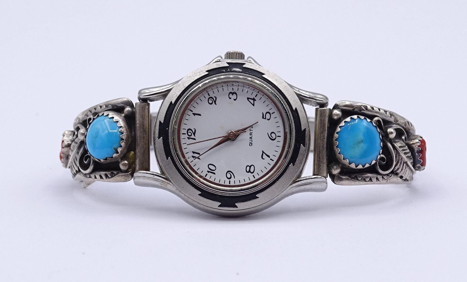 Armbanduhr mit Sterling Silber Armband, besetzt von Koralle und türkise, Quartz, Funktion nicht übe