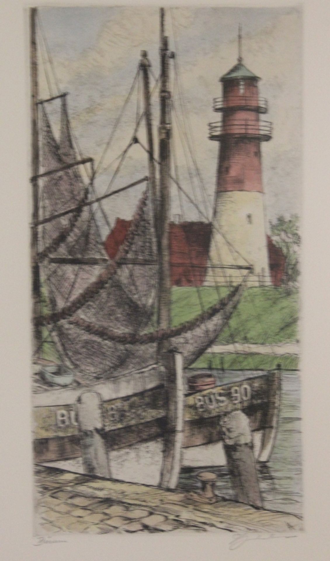 unleserl. signiert, betitelt Büsum, Farbradierug, ger./Glas, RG 57,5 x 40,5cm.