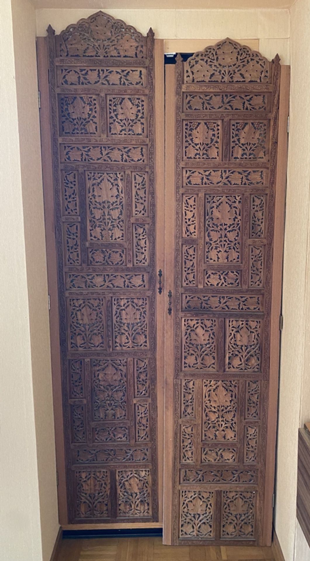 Paar Türflügel, Shishan-Schnitzerei aus Sandelholz (Indien), hier gebraucht als Fliegengitter, rück