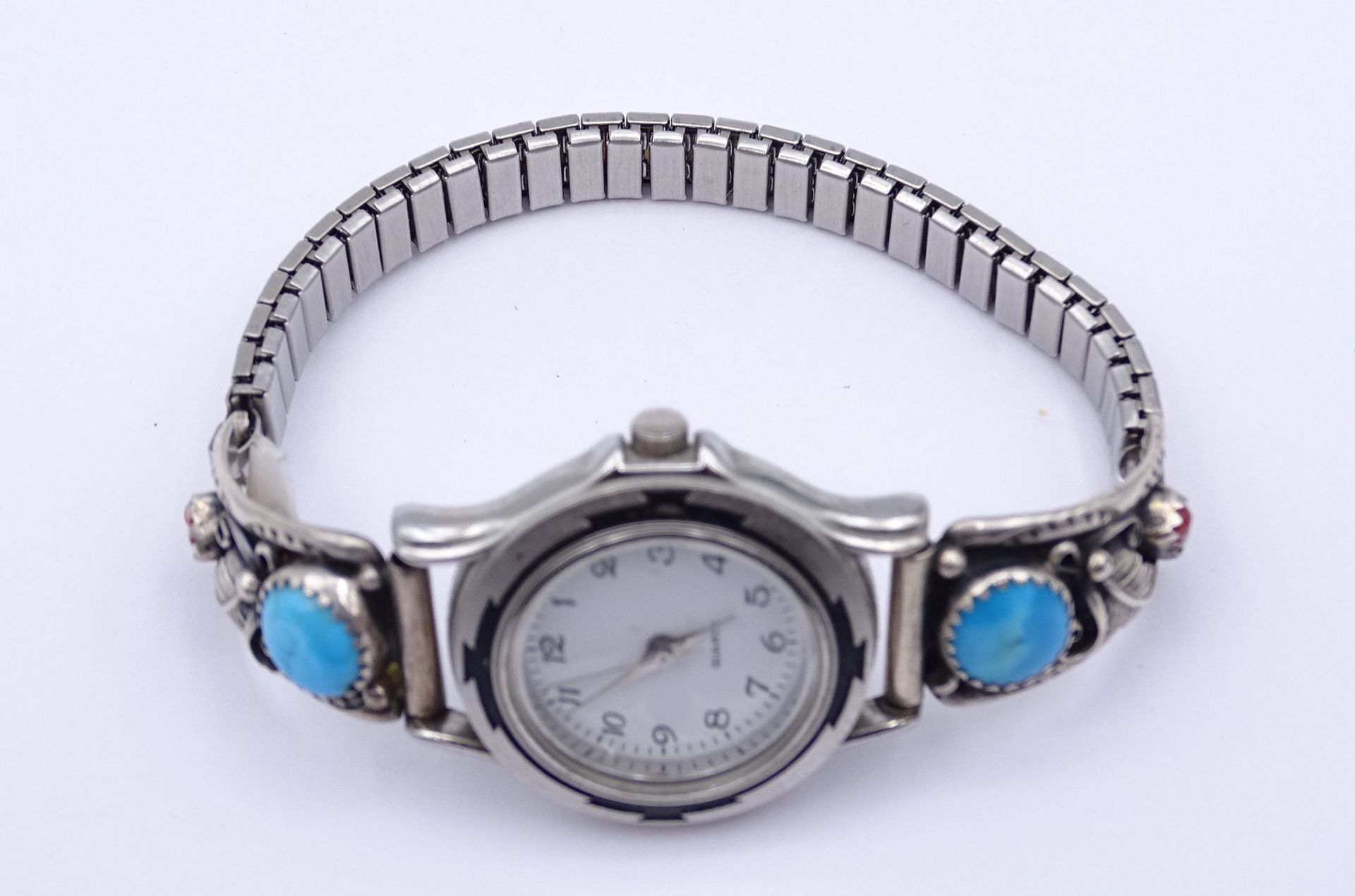 Armbanduhr mit Sterling Silber Armband, besetzt von Koralle und türkise, Quartz, Funktion nicht übe - Bild 2 aus 3