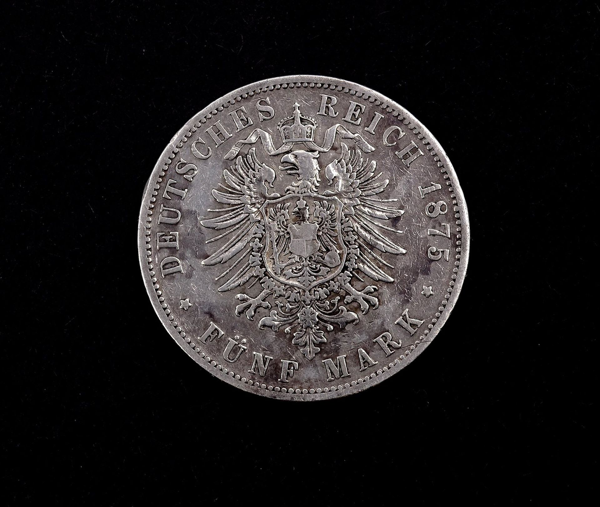 Fünf Mark 1875 Deutsches Reich Wilhelm Deutscher Kaiser König v. Preussen B , D. 38mm, 27,43g. - Bild 2 aus 2