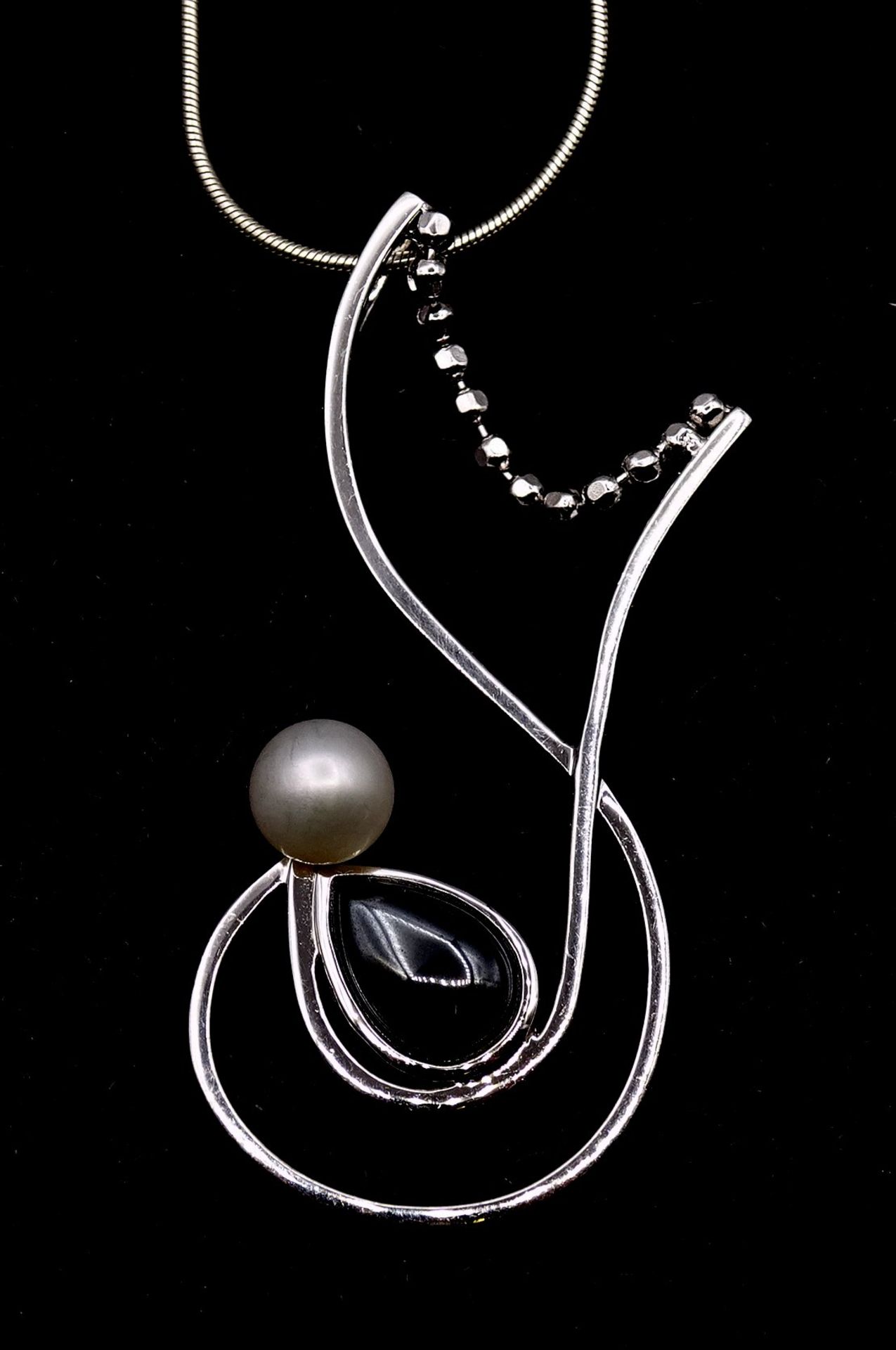 Schlangenhalskette mit Silber Anhänger, besetzt mit einer Perle und Hämatittropfen,Sterling Silber  - Bild 5 aus 6