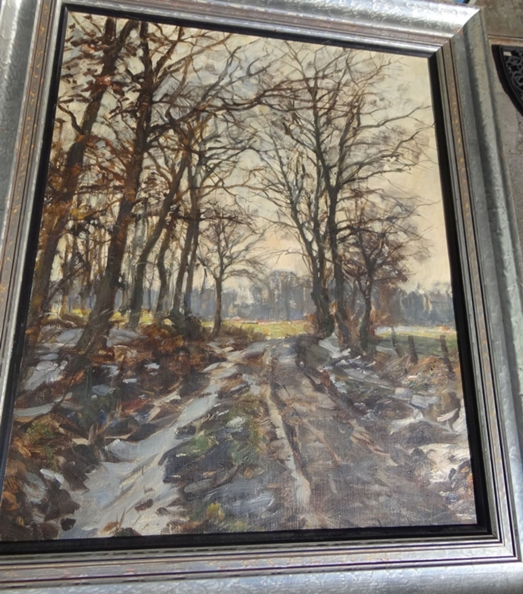 anonymer Waldweg im Winter, Öl/Leinen, gerahmt, RG 72x61 cm