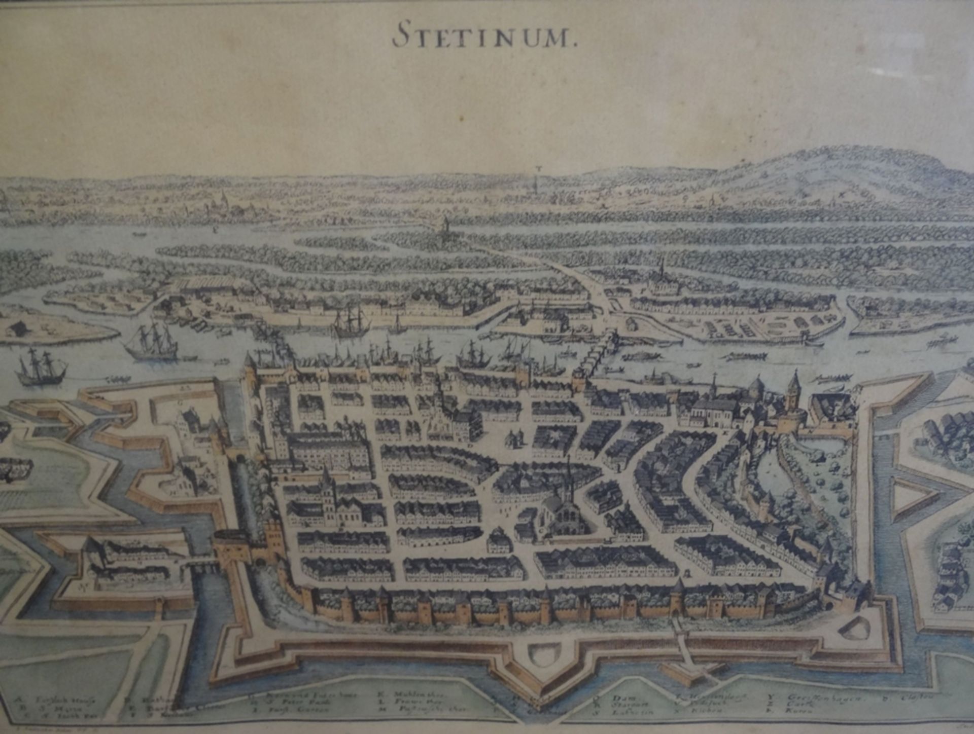 grosser Stadtplan von "Stettinum" von 1705, coloriert, ger/Glas, RG 61x85 cm - Bild 3 aus 8