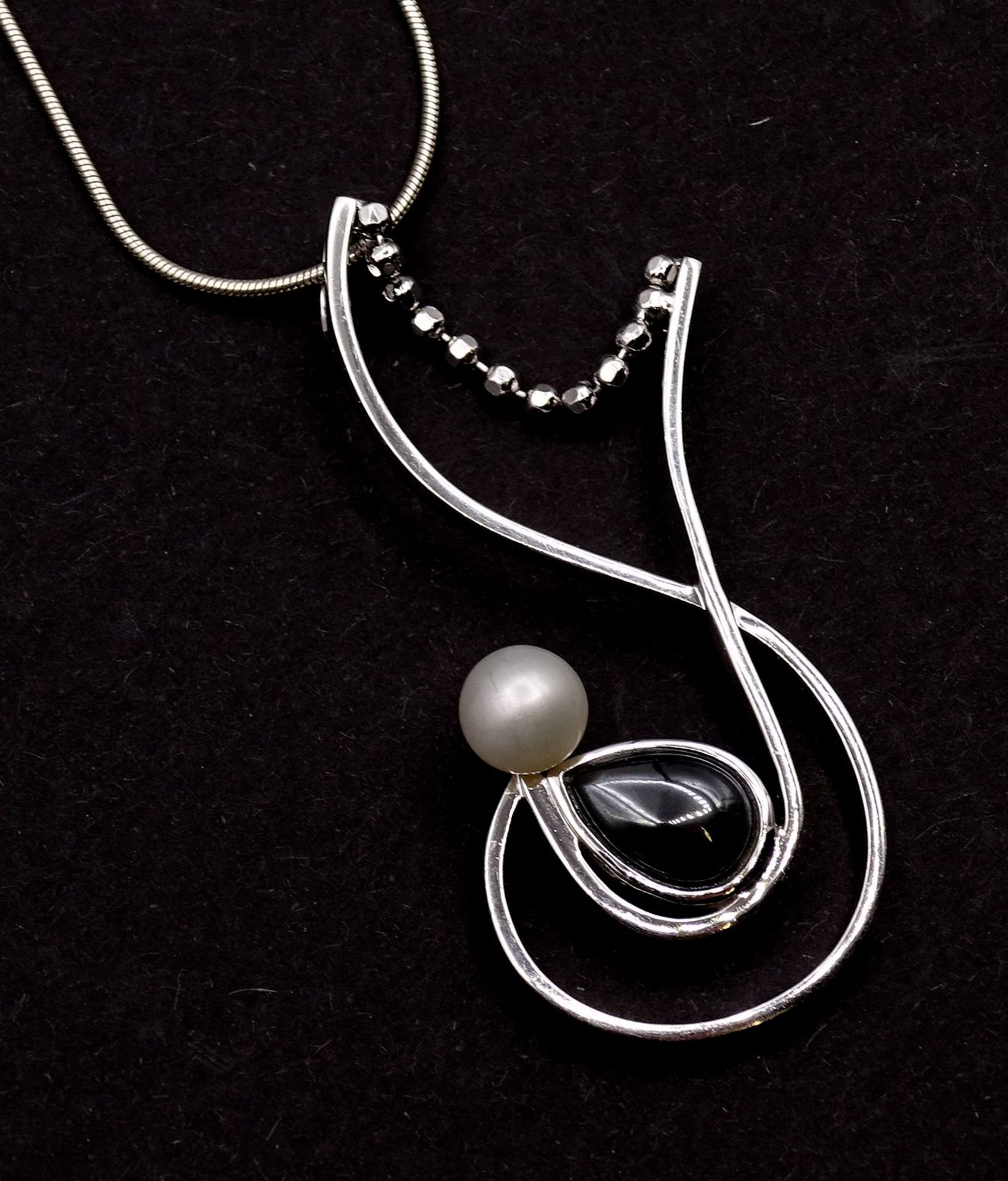 Schlangenhalskette mit Silber Anhänger, besetzt mit einer Perle und Hämatittropfen,Sterling Silber  - Bild 6 aus 6