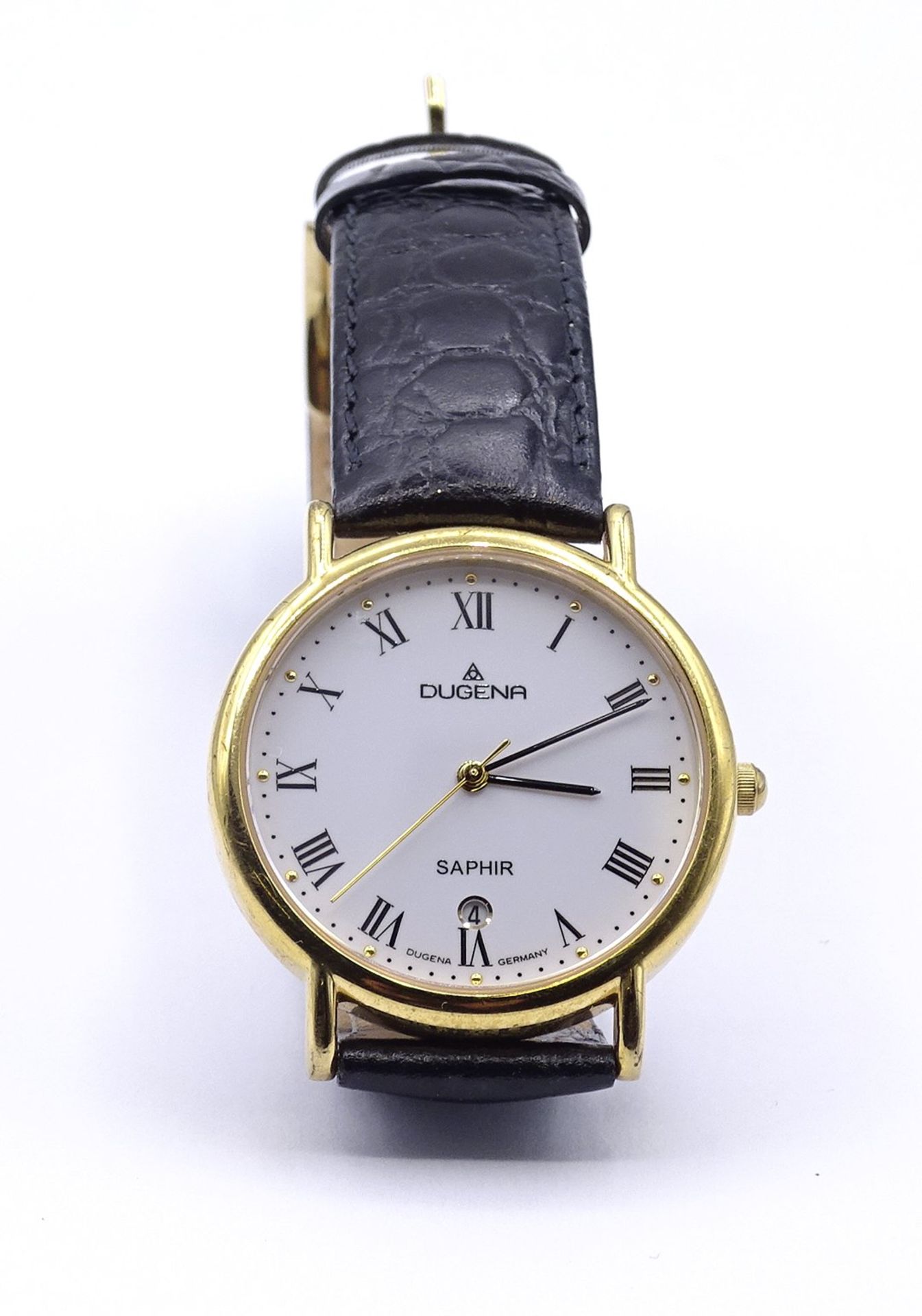 Herren Armbanduhr DUGENA SAPHIR, Quartzwerk, D. 35mm, goldfarbenes Gehäuse, ungetragen, steht - Bild 6 aus 7