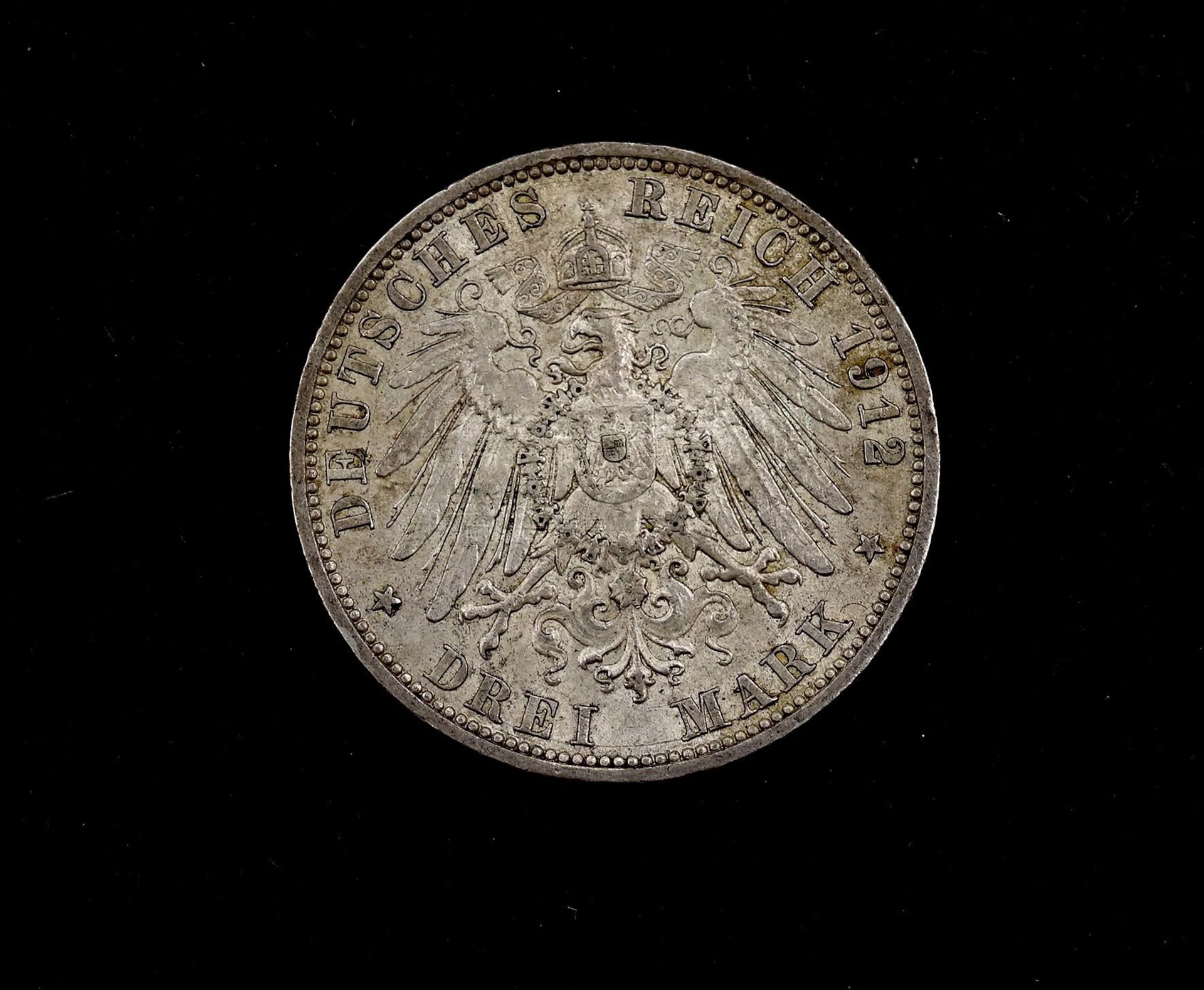 Drei Mark 1912 Deutsches Reich Wilhelm II Deutscher Kaiser König v. Preussen A, D. 33mm, 16,64g. - Bild 2 aus 2