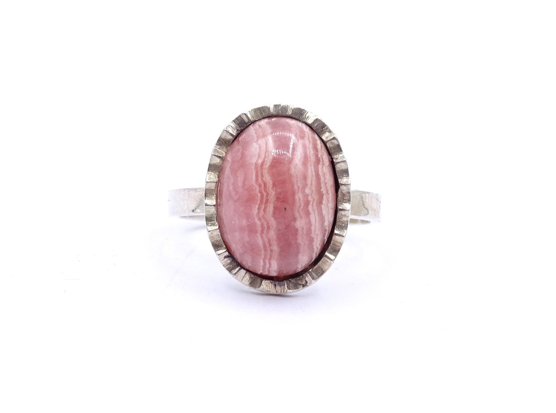 830er Silber Ring mit Rosenquarz Cabochon, offene Ringschiene, 5,4g.