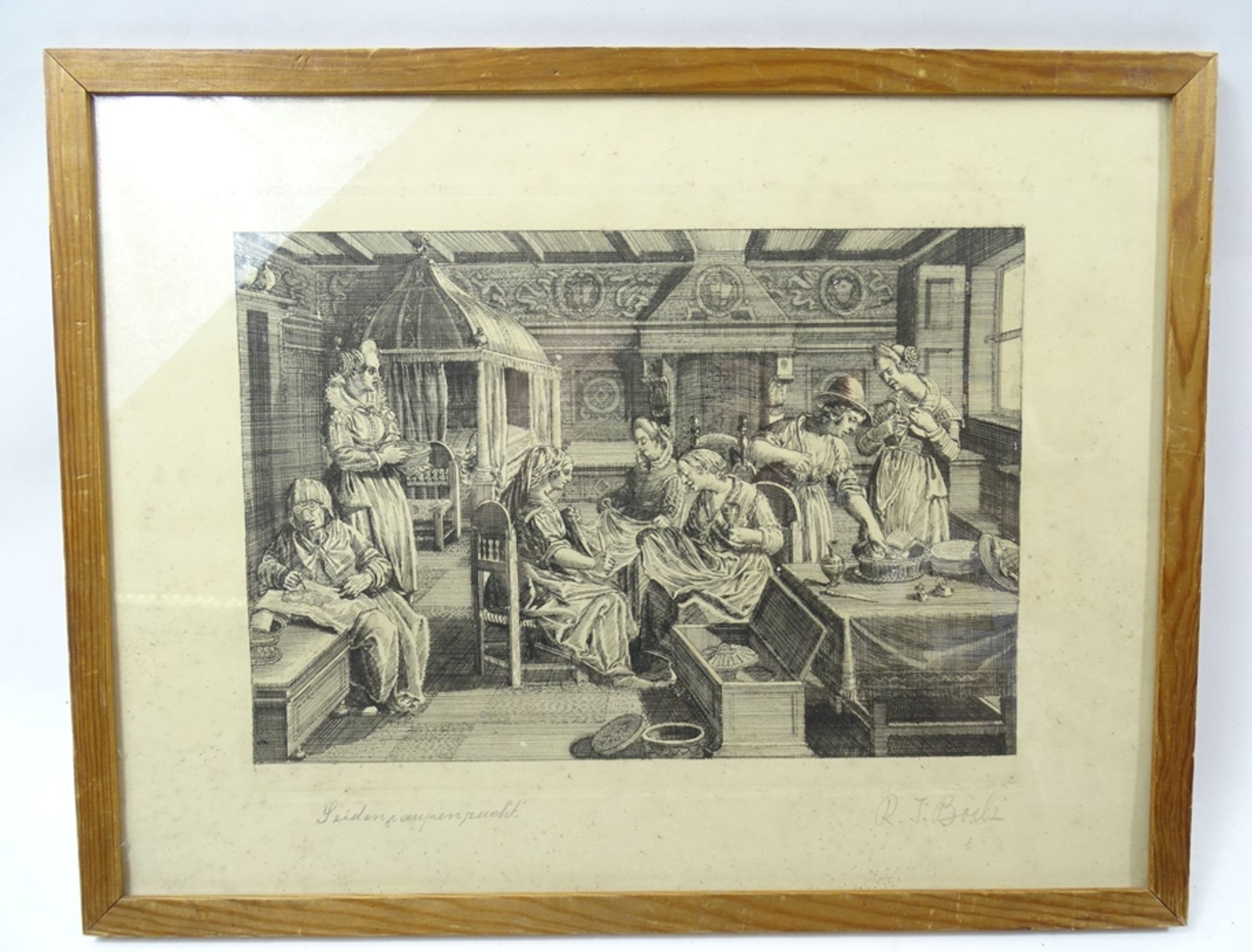 R.J. Bock, Seidenraupenzucht, Radierung, gerahmt, hinter Glas, RG 37,8 x 29,5 cm, Rahmen mit Alters