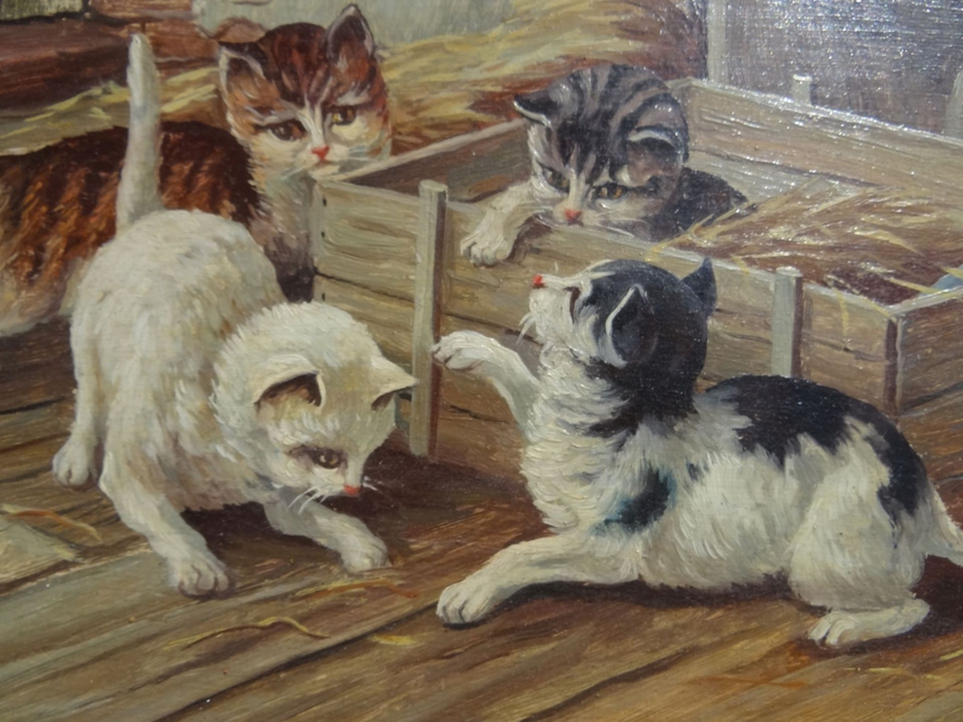 Arno ZETZMANN (1904-1974)  "spielende Katzen" Öl/Malfaser, gerahmt, RG 25x30 cm - Bild 3 aus 6
