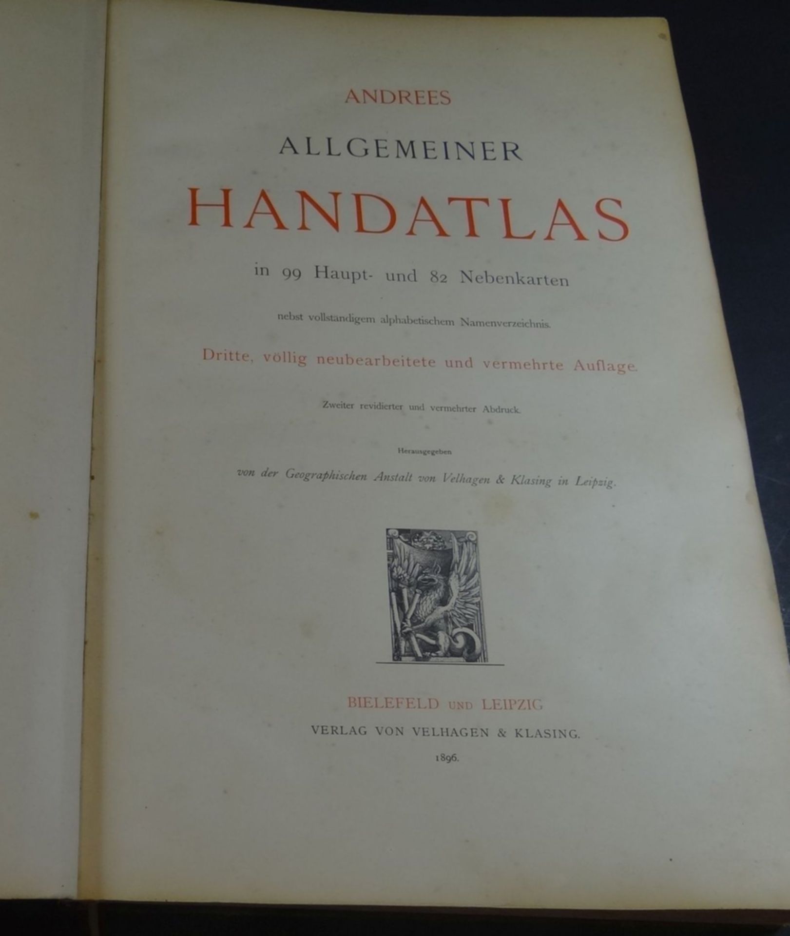 Andrees Handatlas, 3.Auflage 1896, Buchrücken beschädigt und Deckel lose, 45x30 cm - Bild 3 aus 11